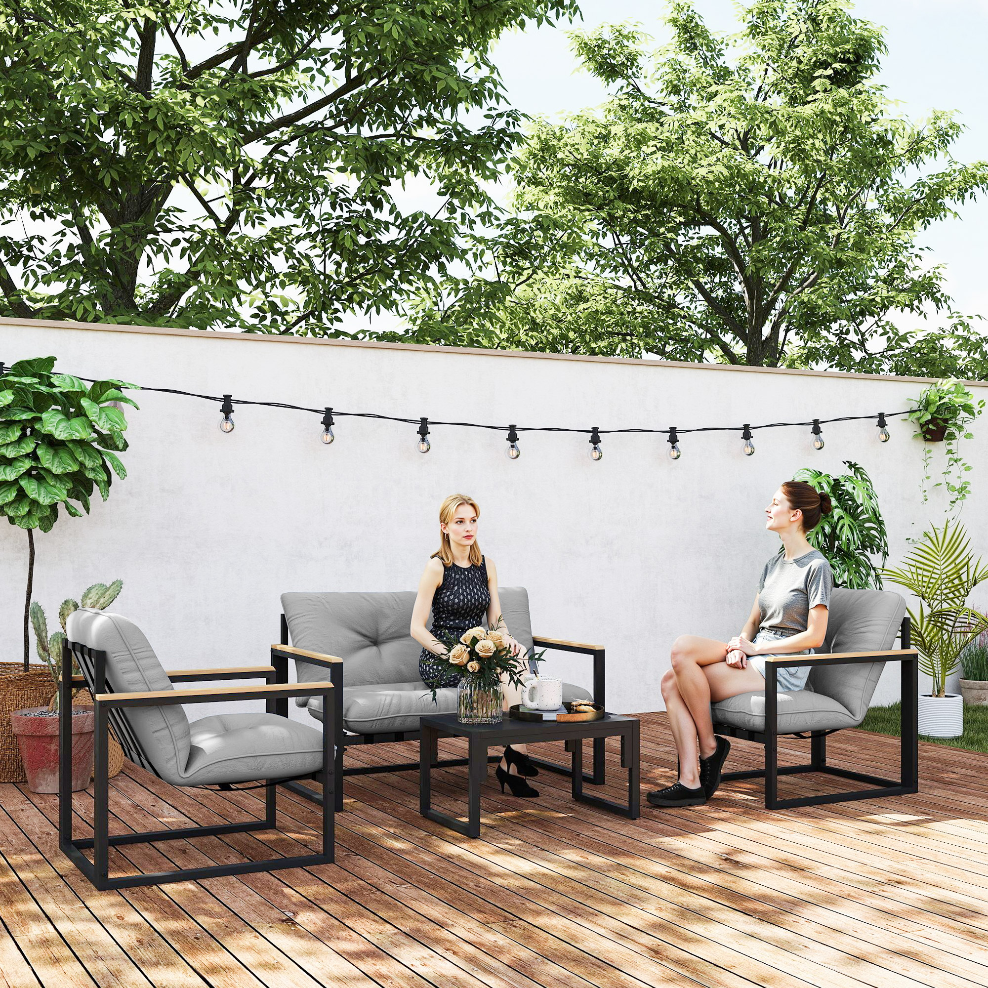 Outsunny Gartenmöbel Set 4 Personen wetterfest Balkonmöbel-Set mit 2er Sofa, Sessel Sitzkissen Hellgrau