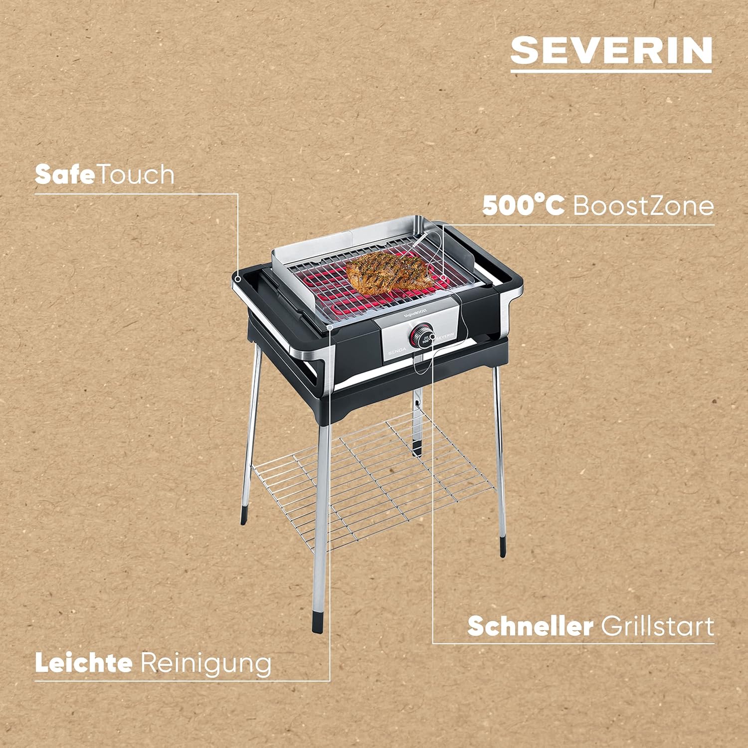 SEVERIN SENOA DigitalBOOST S elektrische barbecue met onderstel, staande barbecue met snelle start tot 500 ��C, balkonbarbecue met SafeTouch-oppervlak, RVS/zwart, PG 8118