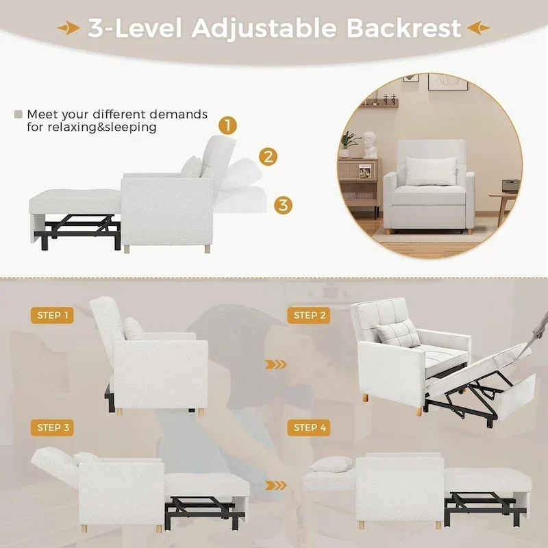AECOJOY 3 in 1 Sleeper Sofa Chair w/ Pillow &Convertible Backrest