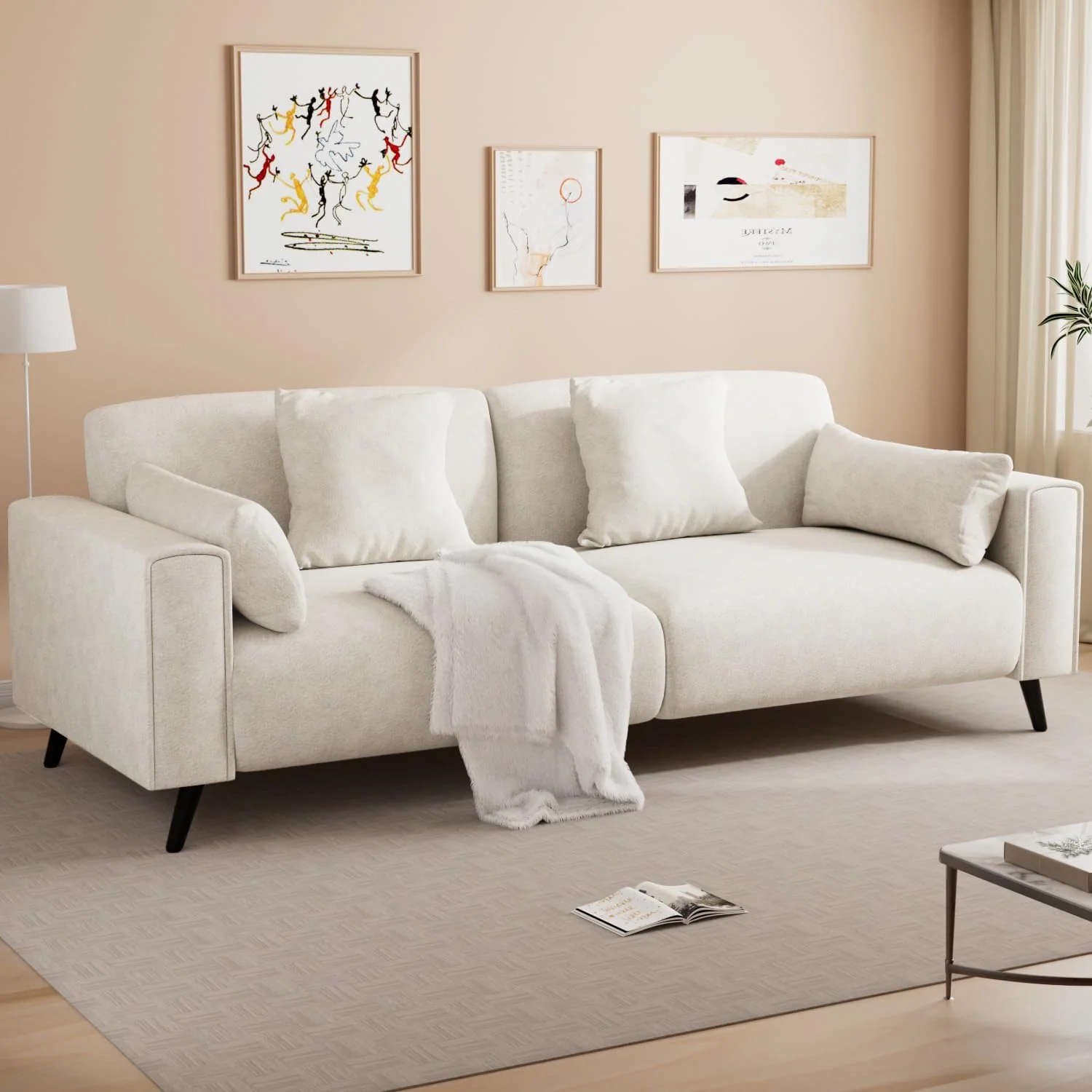 Sofa Couch for Living Room Modern Comfy Sofa with Extra Depth Seat and 2 Throw Pillow