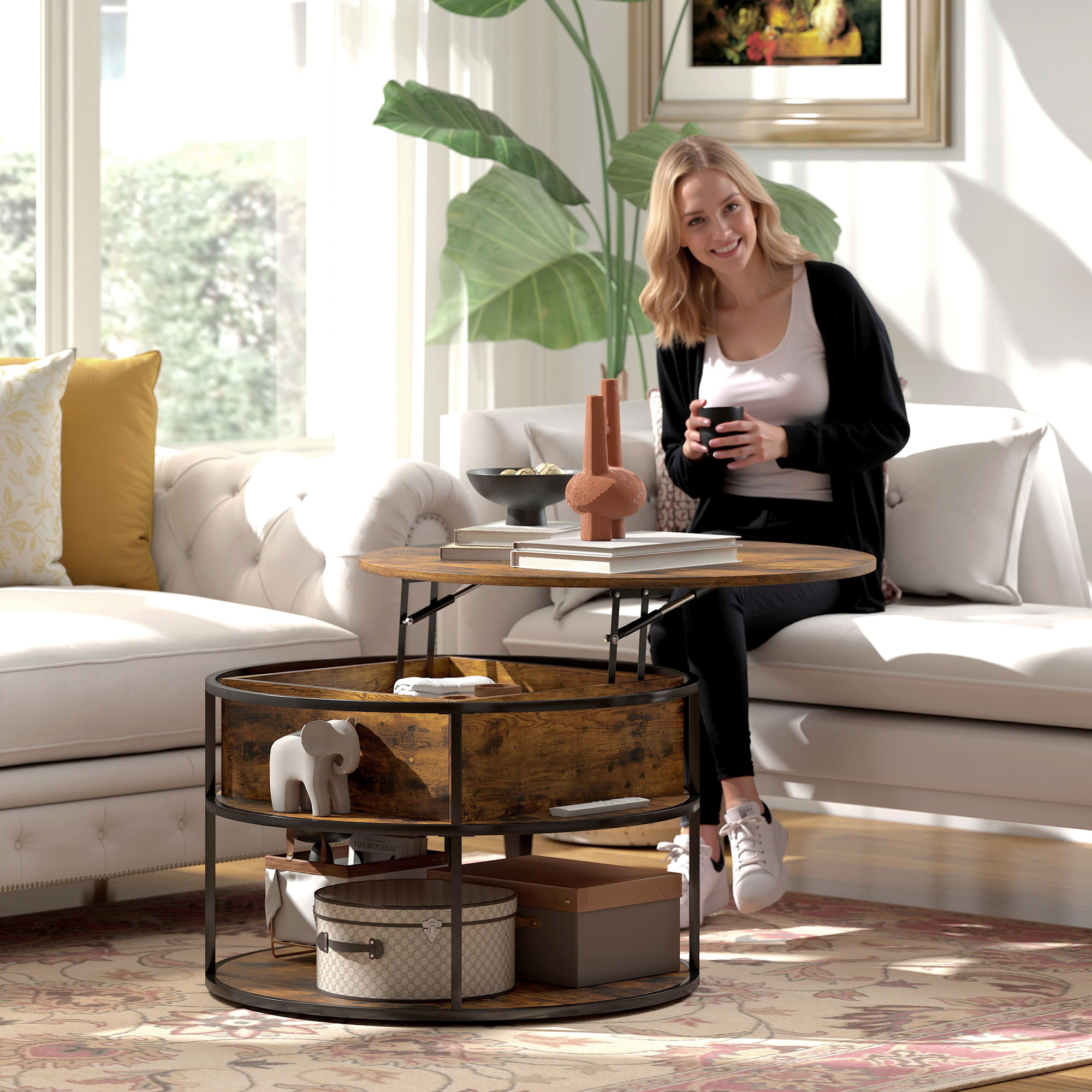 HOMCOM Ronde Koffietafel met Ophefbaar Tafelblad, Opbergruimte, Zijvakken, Stalen Frame, Salontafel, Bruin