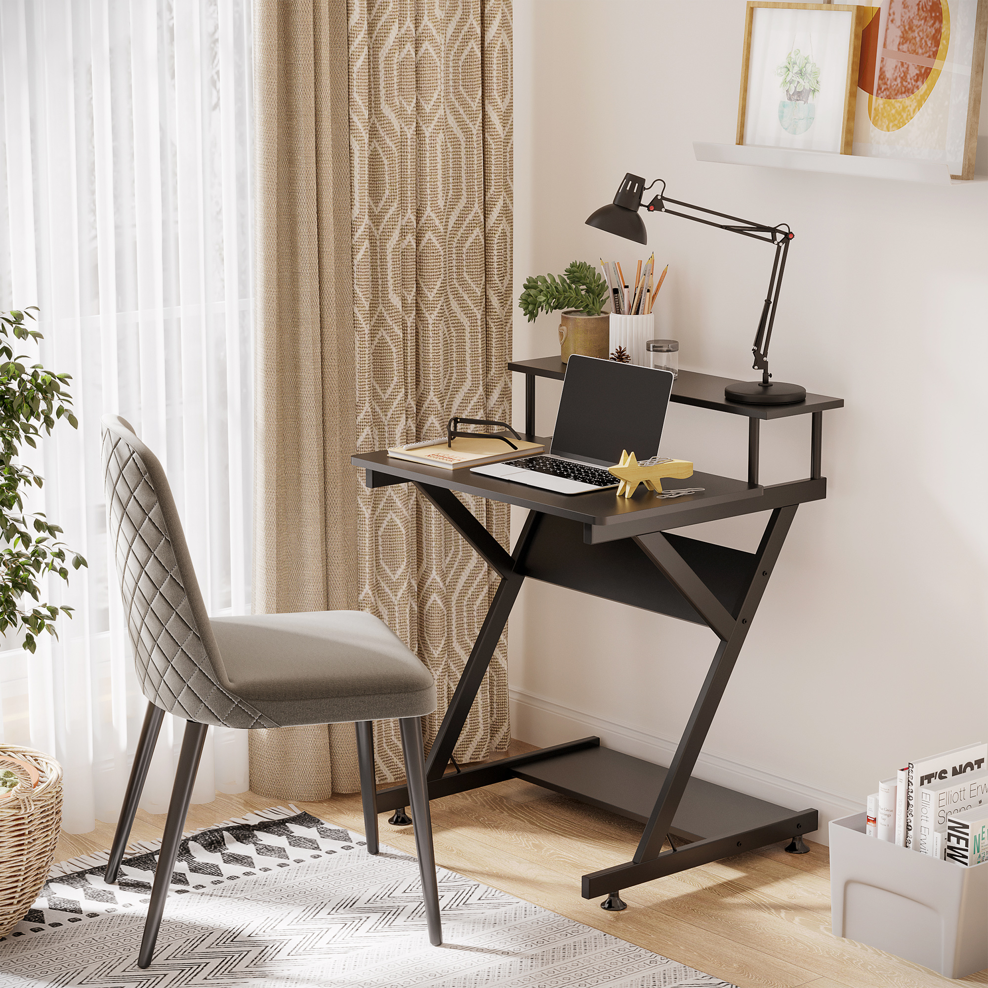 HOMCOM Computertisch mit erhöhtem Monitorregal, 70x60x85.5cm, Holz - Schwarz