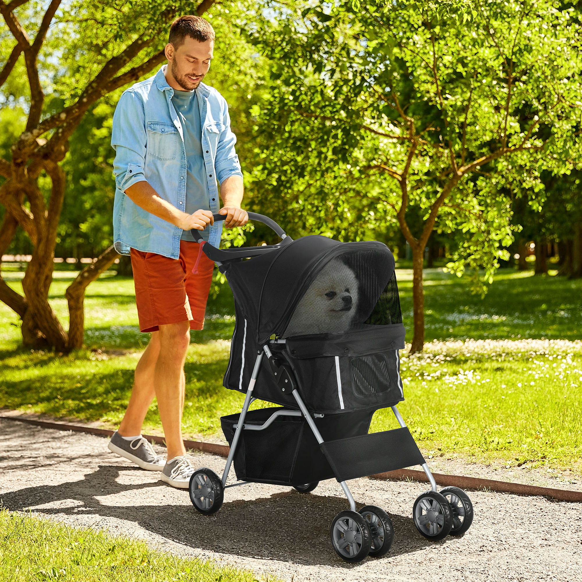 PawHut Faltbarer Hundewagen mit Korb und Getränkehalter, Max. Gewicht 10 kg, 75x45x97cm, Schwarz
