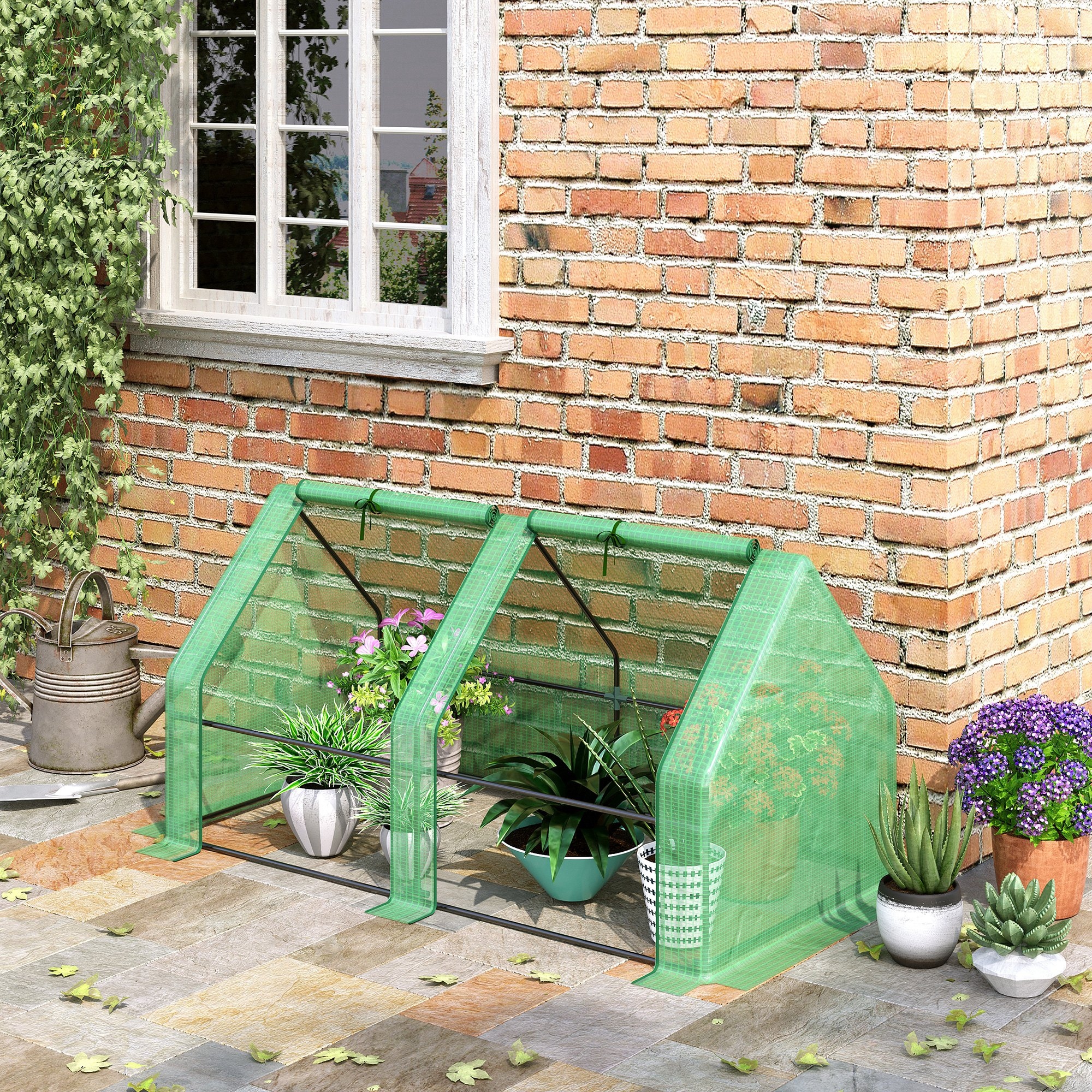 Outsunny Gewächshaus mit 2 Rollfenster, PE-Gitterfolie, Foliengewächshaus aus Stahl, Treibhaus für Balkon, Garten, Tomatenhaus 180x90x90cm, Tomatengewächshaus für Gemüse, Blumen, Pflanzen, Grün