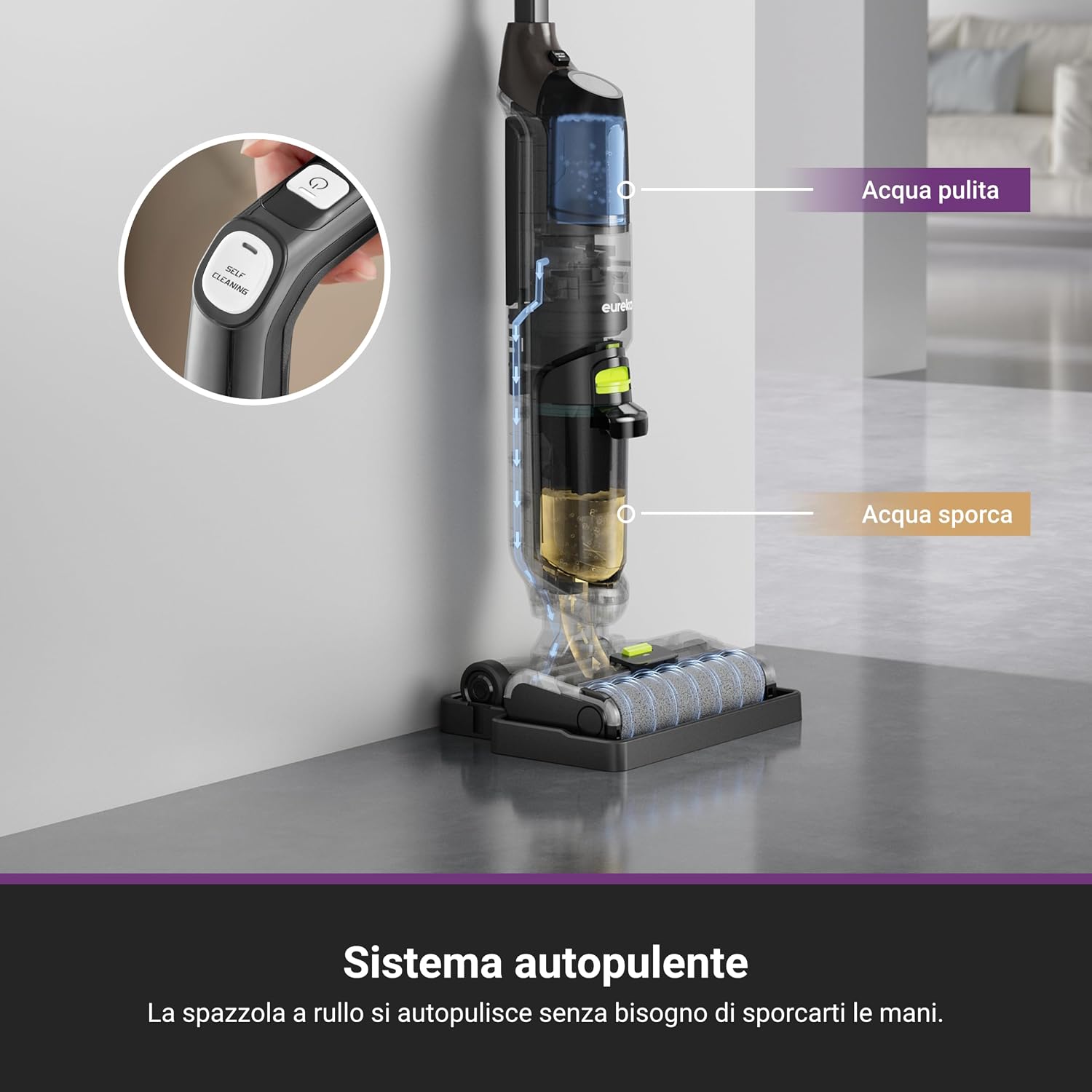 EUREKA NEW400 Lavapavimenti Senza Fili, Aspira e Lava in un Passaggio, 3,95kg Ultraleggero, Autopropulsione, 600ml+400ml Doppio Serbatoio, Batteria 2500mAh×6, Pavimento Asciutto 90%