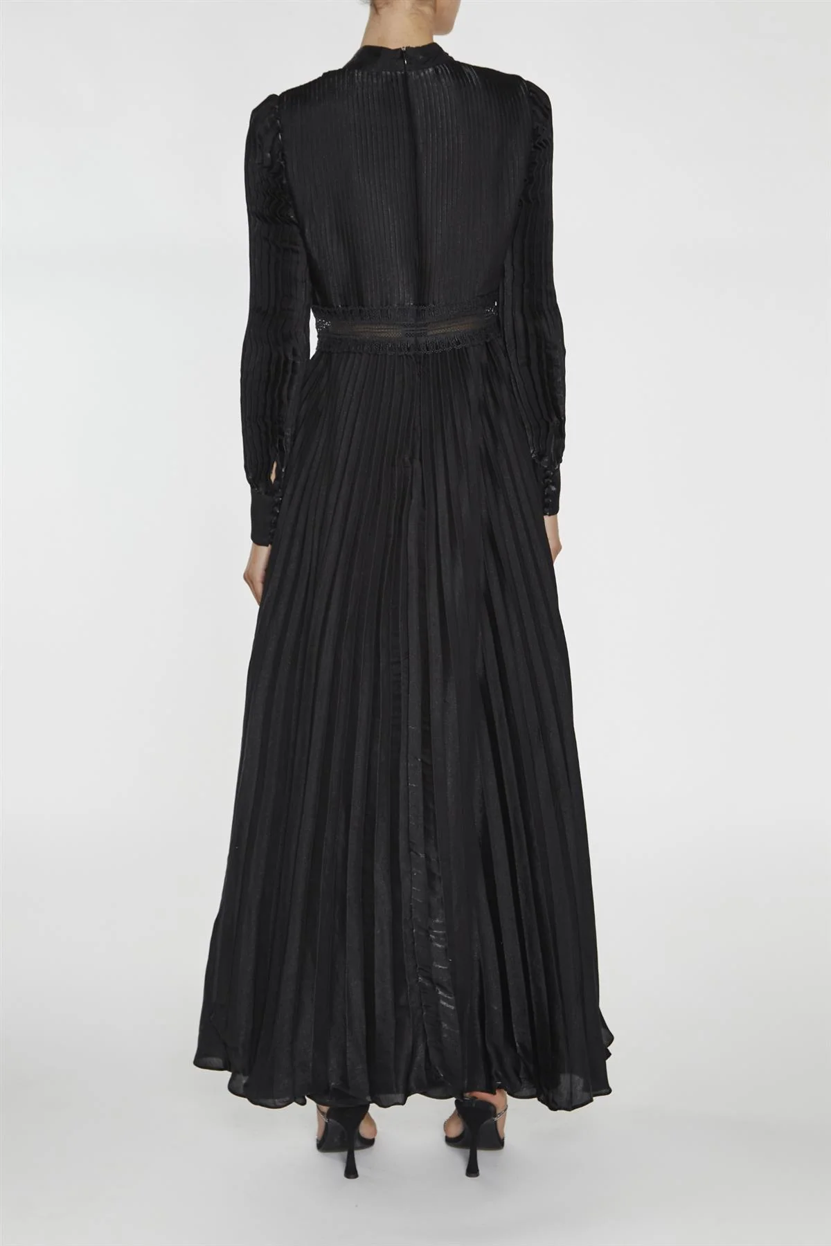 Athena Black Pleated Long Sleeve Maxi-Dress