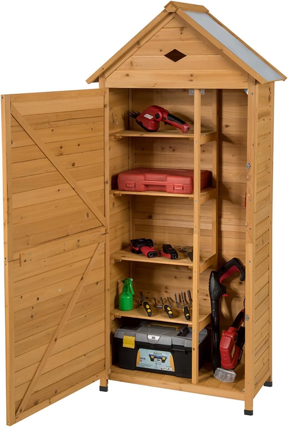 FANTASK Wooden Garden Cabinet, 177 x 80 x 45 cm, Garden Tool Cabinet, Weather Resistant, Garden Shed, Wooden Shed with Gable Roof