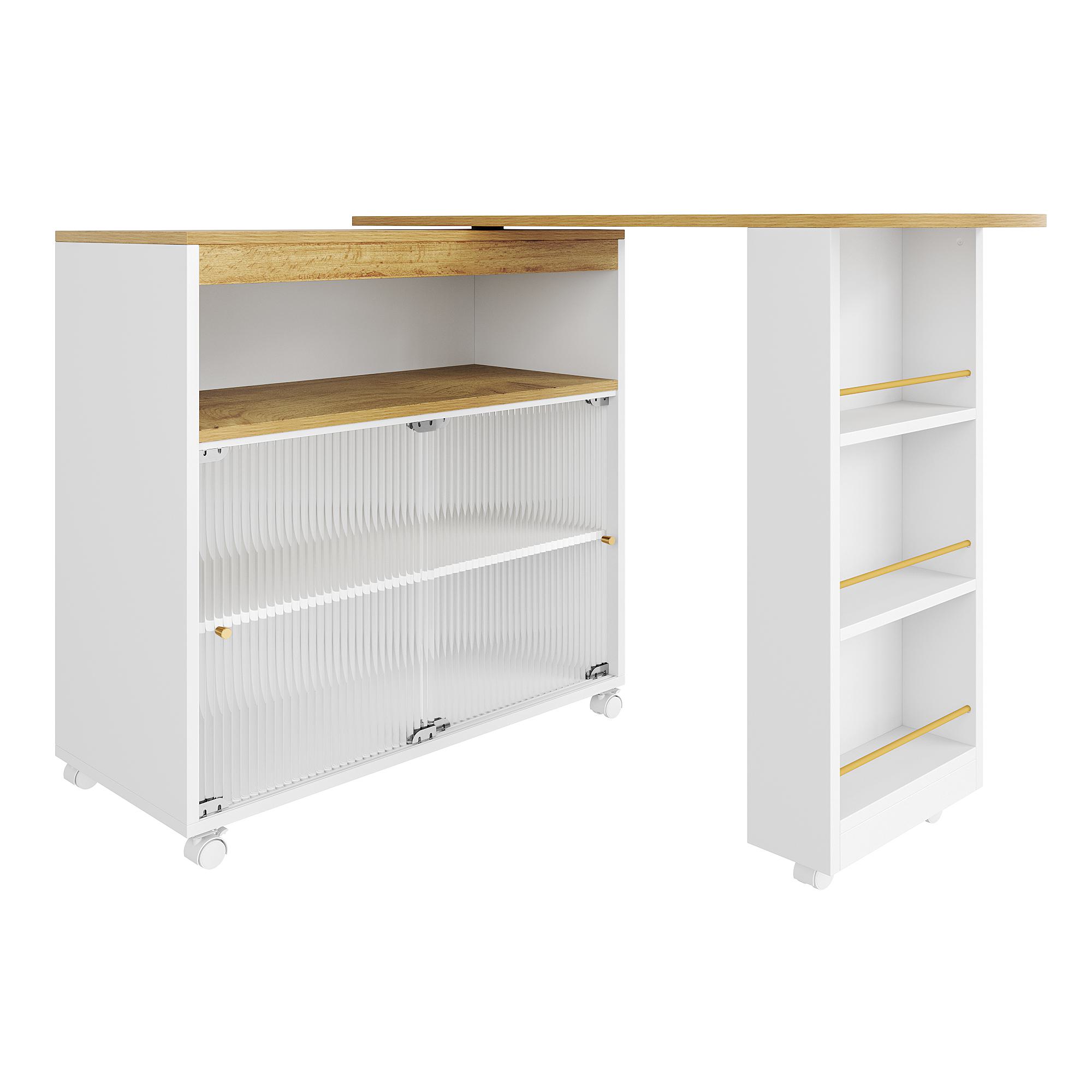 Ausziehbarer Bartisch mit Stauraum, Moderner Beweglicher Bartisch, Teleskopischer Bartisch mit LED, 138-204×39×105cm, Weiß