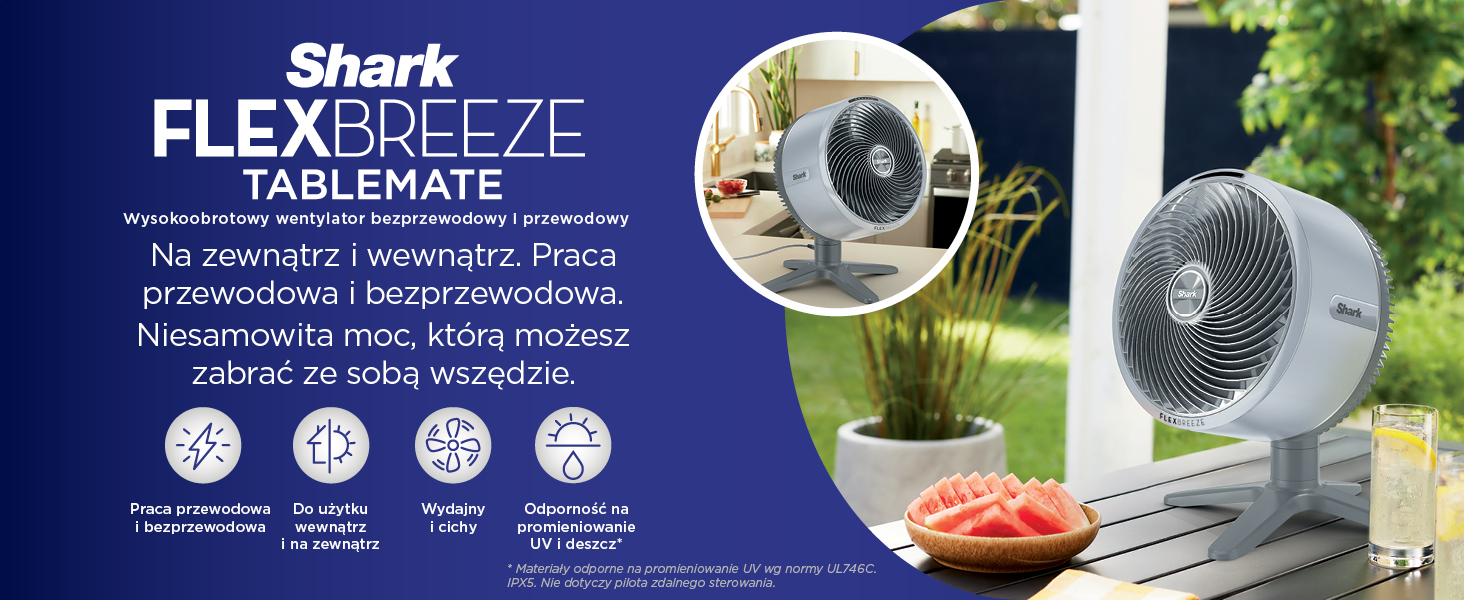 Tekst brzmi „Shark FLEXBREEZE TABLEMATE”. Wyświetlacz produktu przedstawiający przenośny wentylator z żywnością i roślinami w tle.