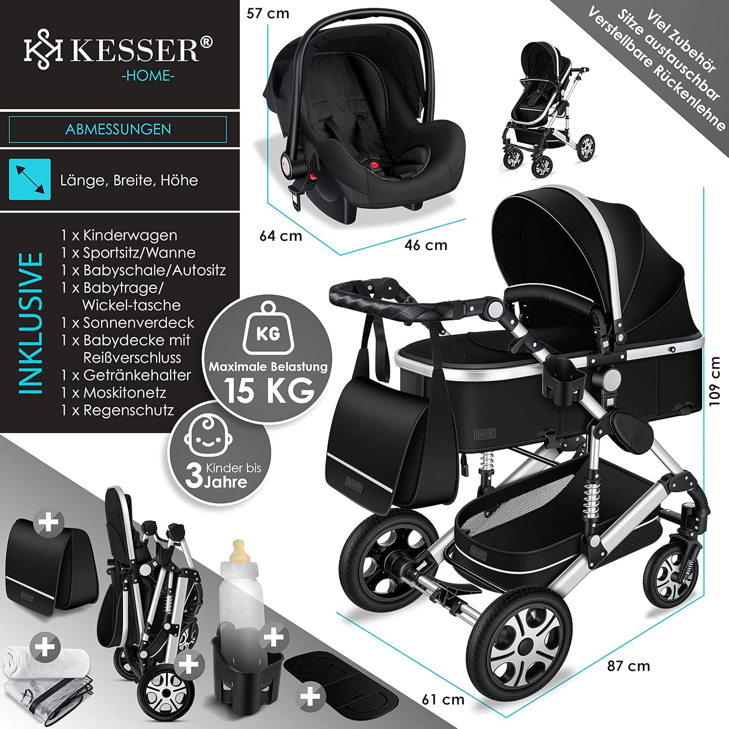 KESSER® Loops 3 in 1 Kinderwagen Kombikinderwagen Komplett-Set inkl. Babywanne & Buggy Sportsitz & Auto-Babyschale Voll-Gummireifen Wickeltasche Regenschutz Kindertisch ECE R129, Schwarz/Schwarz
