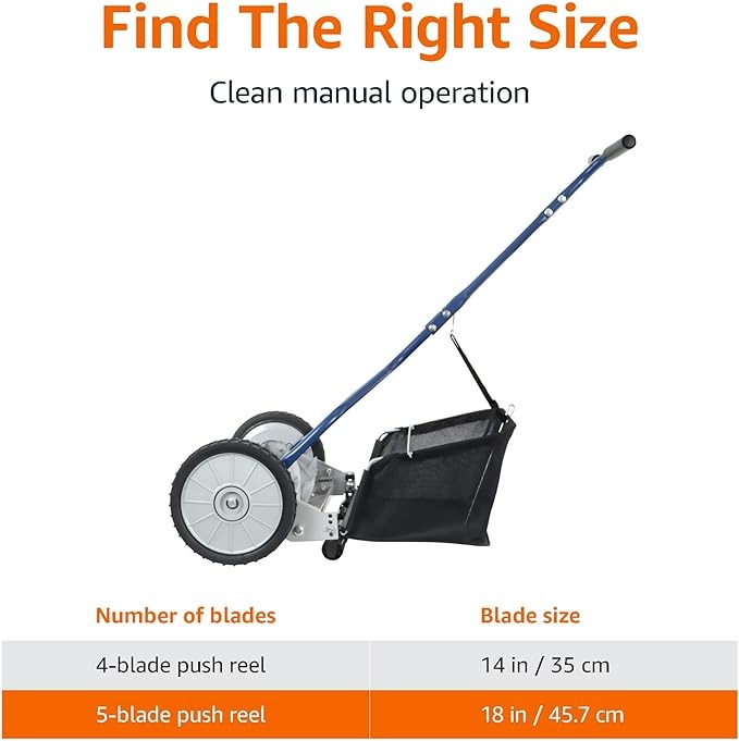 Basics Tosaerba a spinta con ruote e 5 lame da 45,7 cm, con sacchetto per raccolta dell’erba, blu
