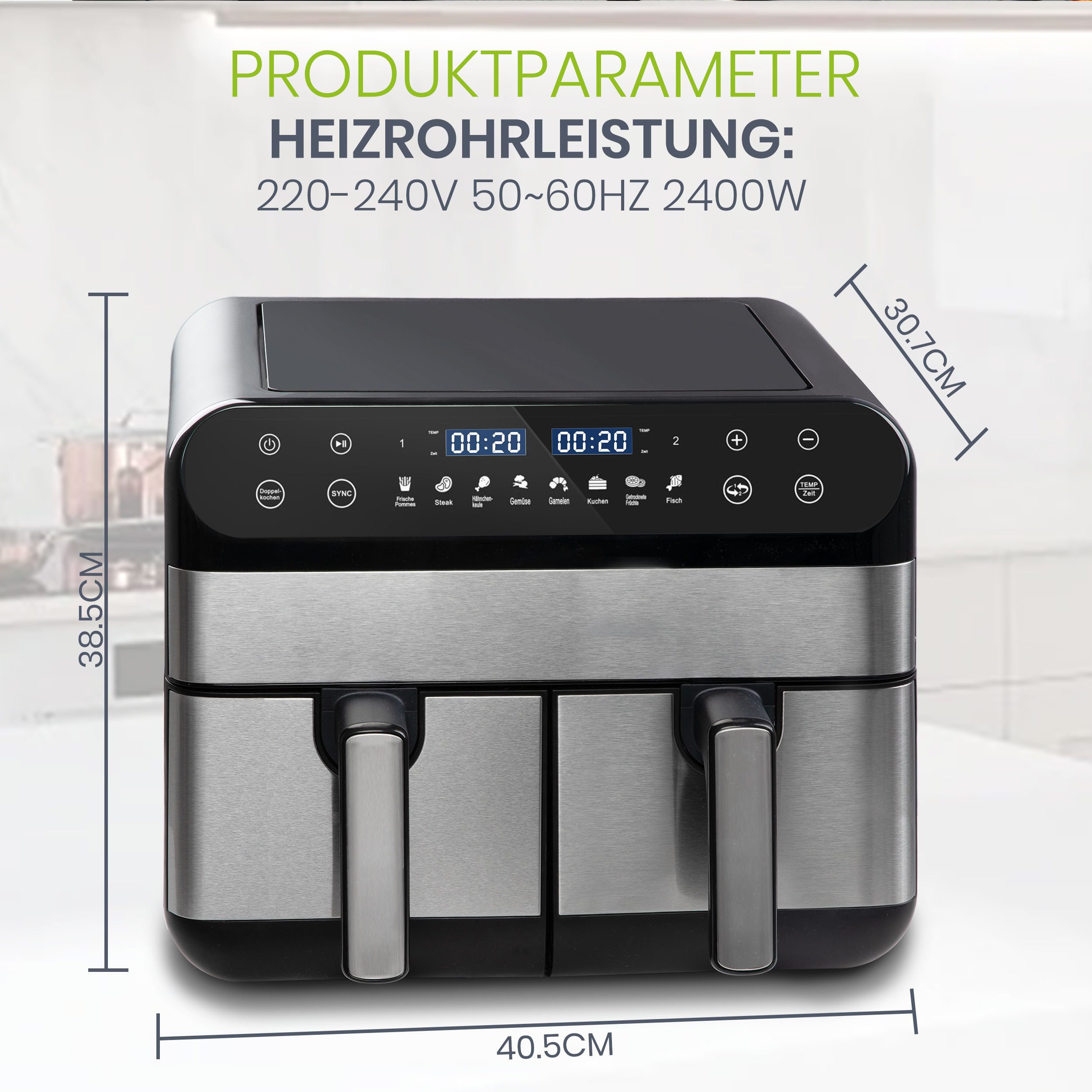 Heißluftfritteuse 10 L Dual-Zonen Airfryer mit 2400 W – Touch-LED & 8 Kochprogramme