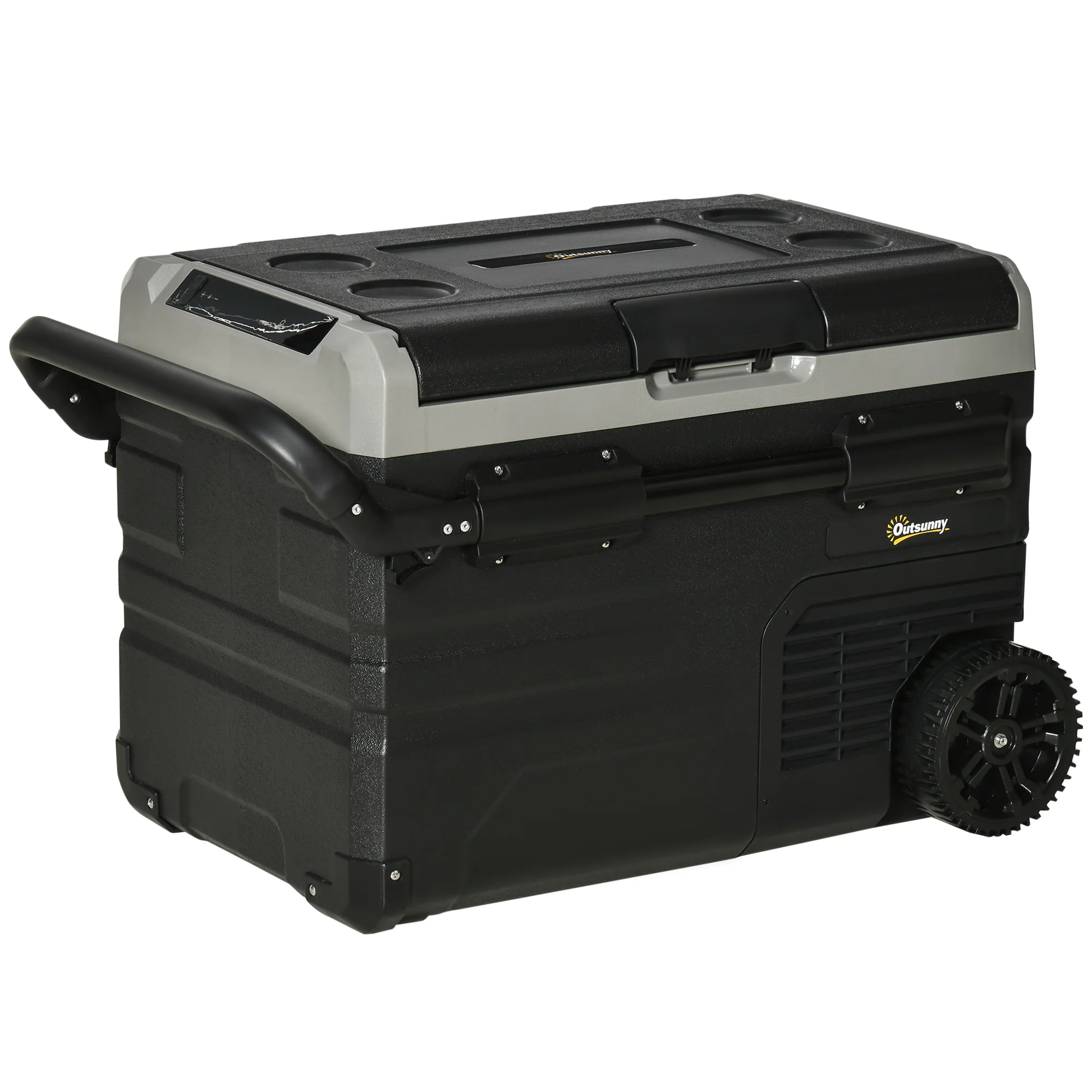 Outsunny koelbox auto 40L met LED verlichting compressor auto koelkast met handgrepen transportwielen kofferbak camper travel 12/24V DC en 110-240V AC grijs + zwart