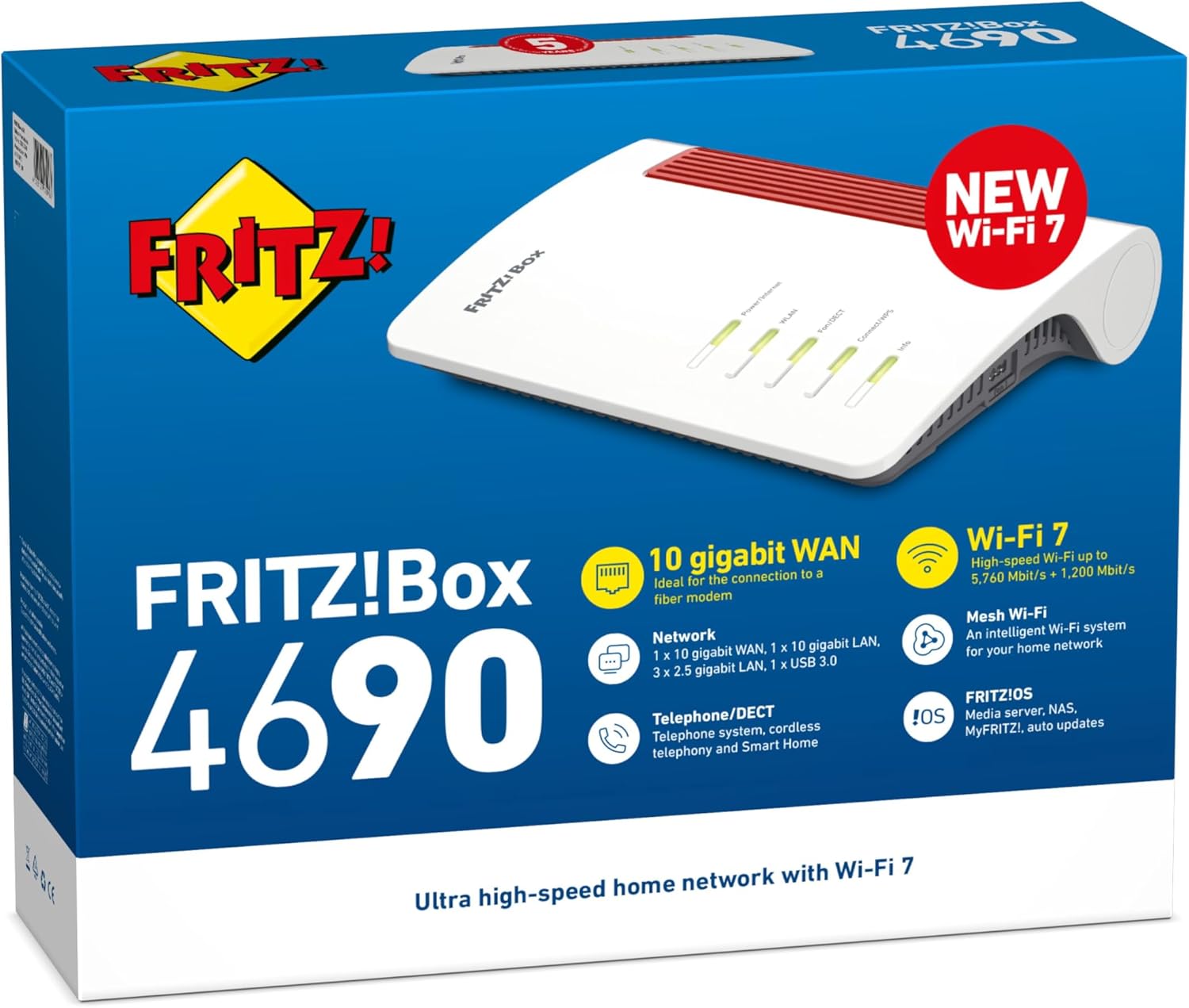 FRITZ!Box 4690 Edition International, Router Wi-Fi 7 Mesh per DSL o Fibra, fino a 6960 Mbit/s di velocità, 1x 10-Gigabit WAN/LAN, 3x 2.5-Gigabit LAN, Base DECT e Zigbee, Wi-Fi MESH e manuale italiano