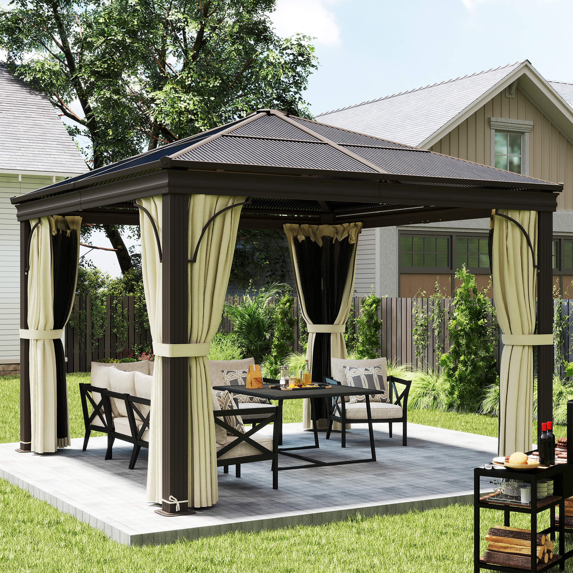 Outsunny Pavillon mit Polycarbonatdach, Vorhänge mit Fliegennetz, Alugestell, braun+beige, 3 x 3 x 2,6 m