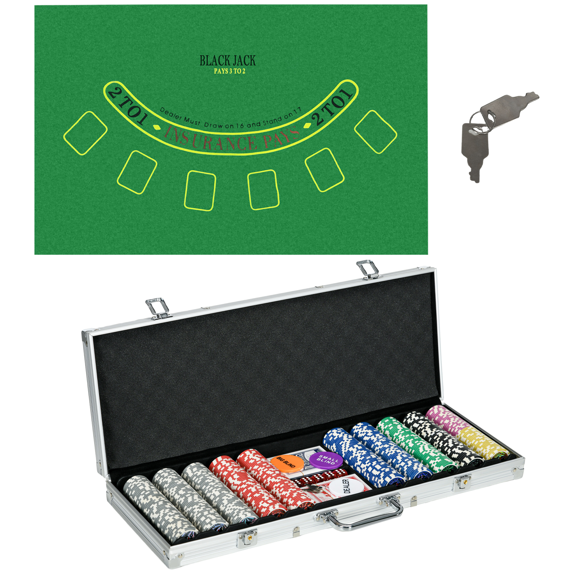 SPORTNOW Casinozubehör und Chips Pokerset mit Chips Pokerchip-Koffer, inkl. Unterlage,  500 Chips, Set für 9-10 Spieler, Silber