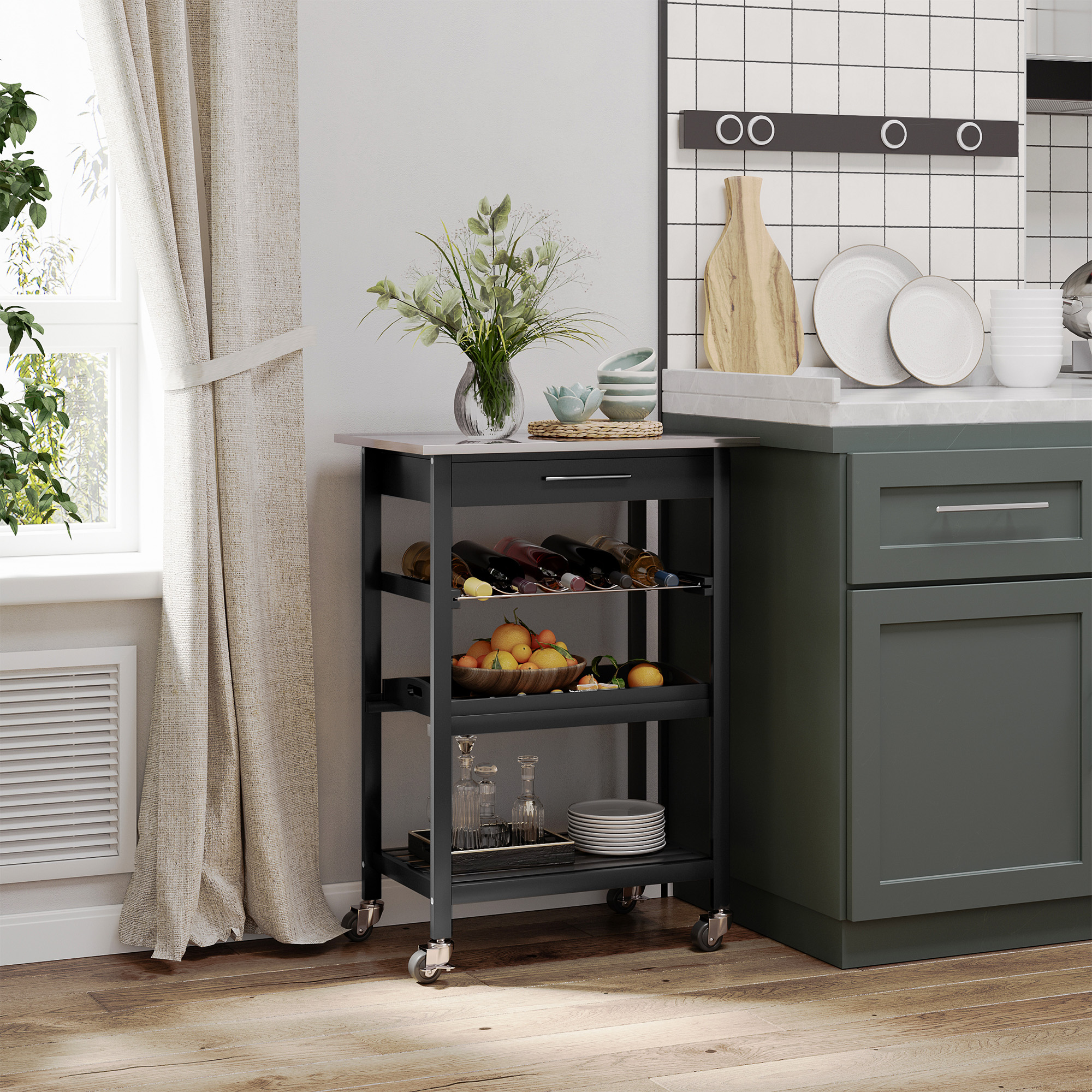 HOMCOM Küchenwagen Servierwagen Küchentisch auf Rollen mit Regal Flaschenablage 60B x 40T x 85H cm Arbeitsfläche aus Edelstahl Schwarz