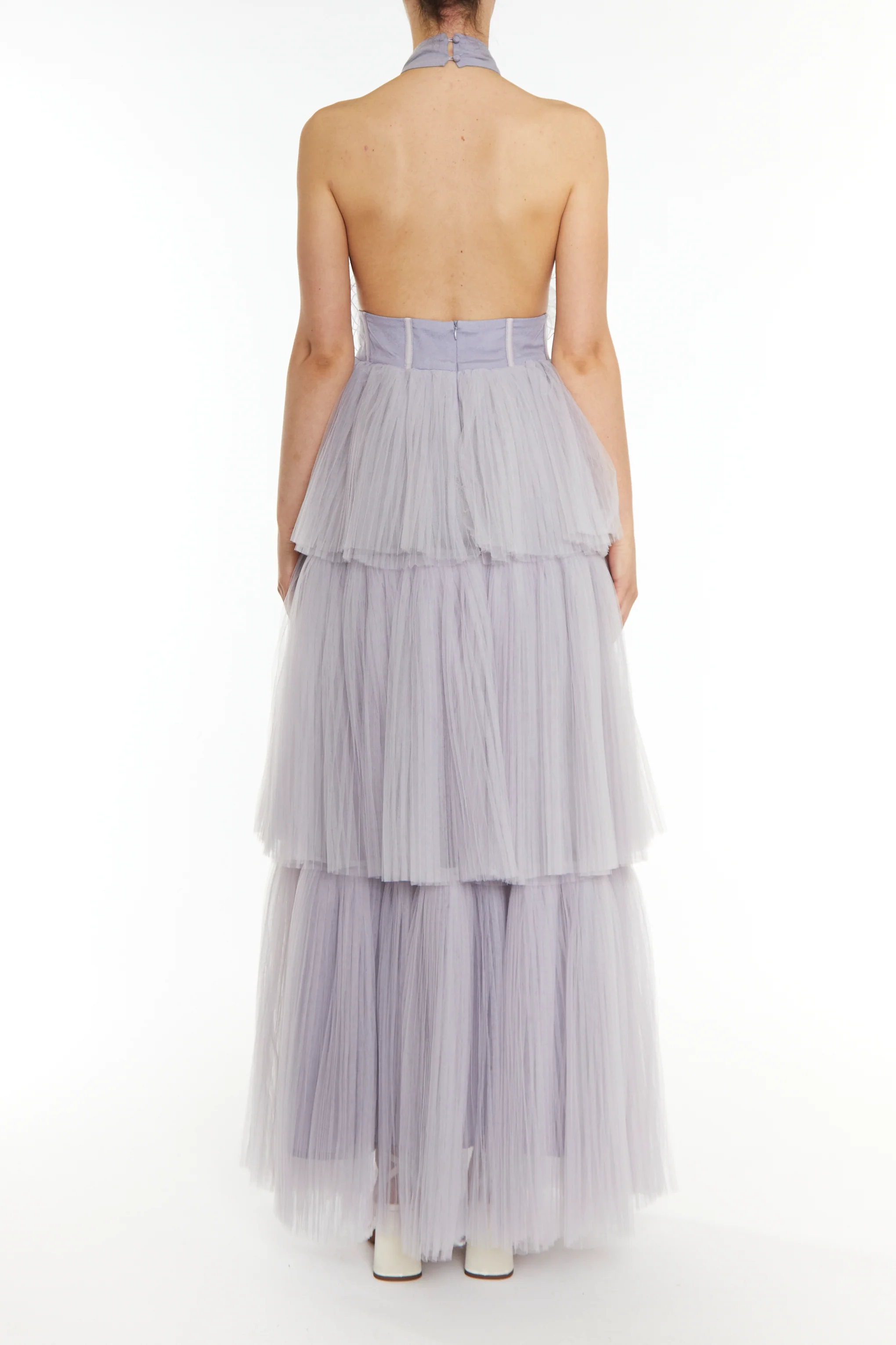 Tiffany Icy Lilac Grey Tiered Ruffle Corsage Maxi Dress