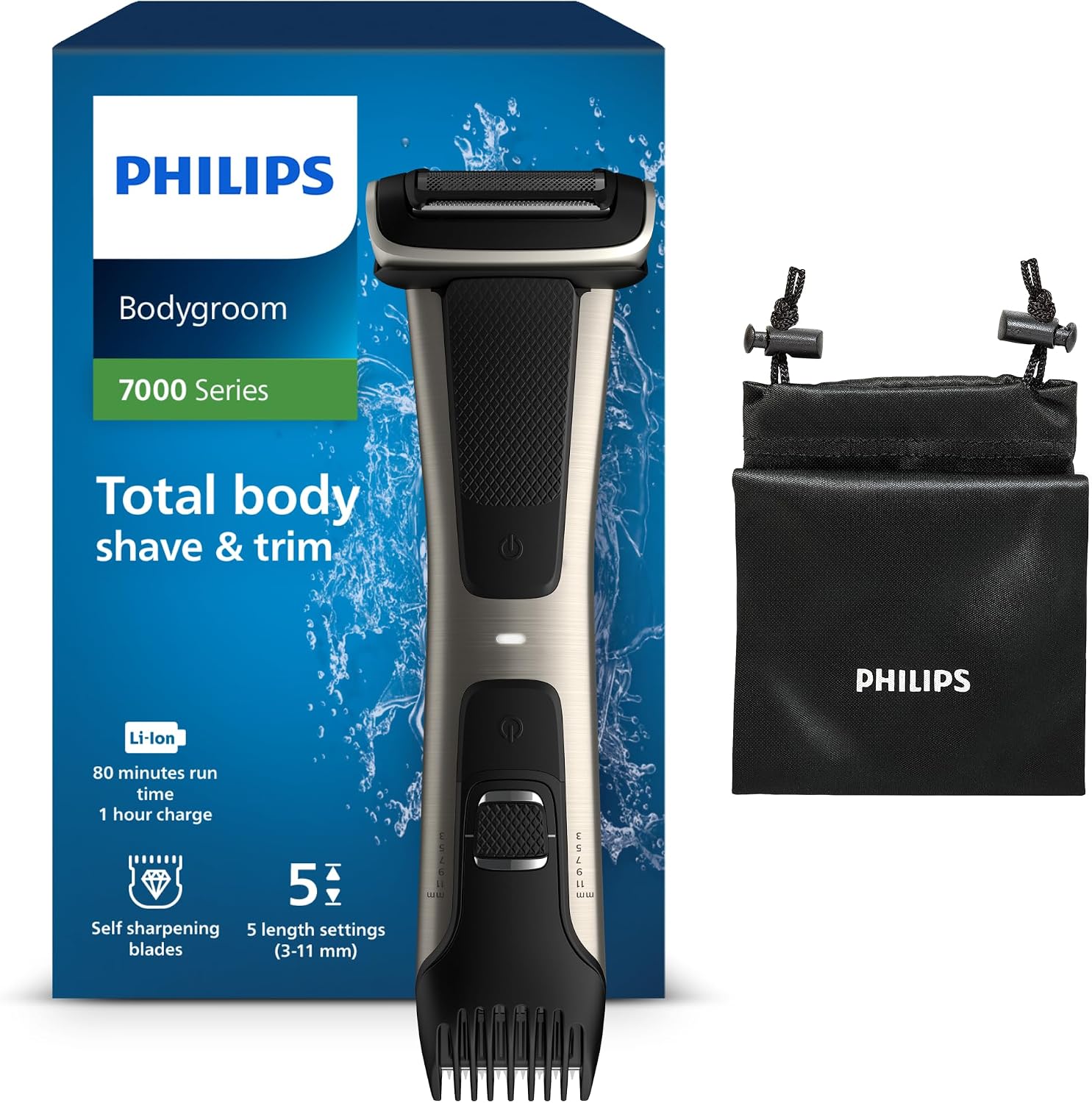 Philips BG7025/15 Bodygroom 7000 Depilatore Corpo da Uomo, Wet&Dry, Pettini Regolabili 3-11 mm, Testina 4D, Autonomia fino a 80 min