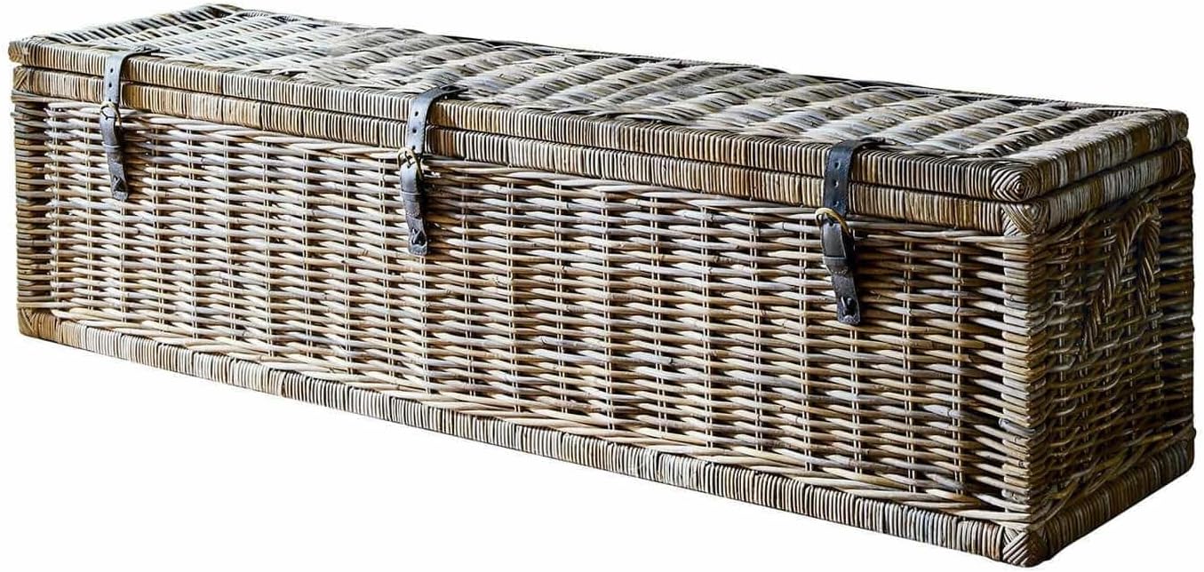 Loberon Truhe Hailee, Handgeflochten, Unterteilter Stauraum, Aufbewahrung, Ordungshelfer, Rattan, Büffel-Veloursleder, braun