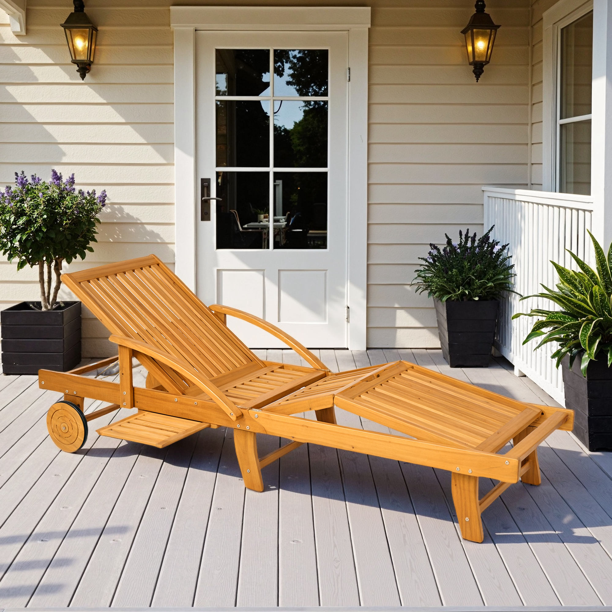 Outsunny Sonnenliege Holz klappbar Gartenliege mit Seitentisch, Rolle, 4-Fach verstellbare Rückenlehne Teak