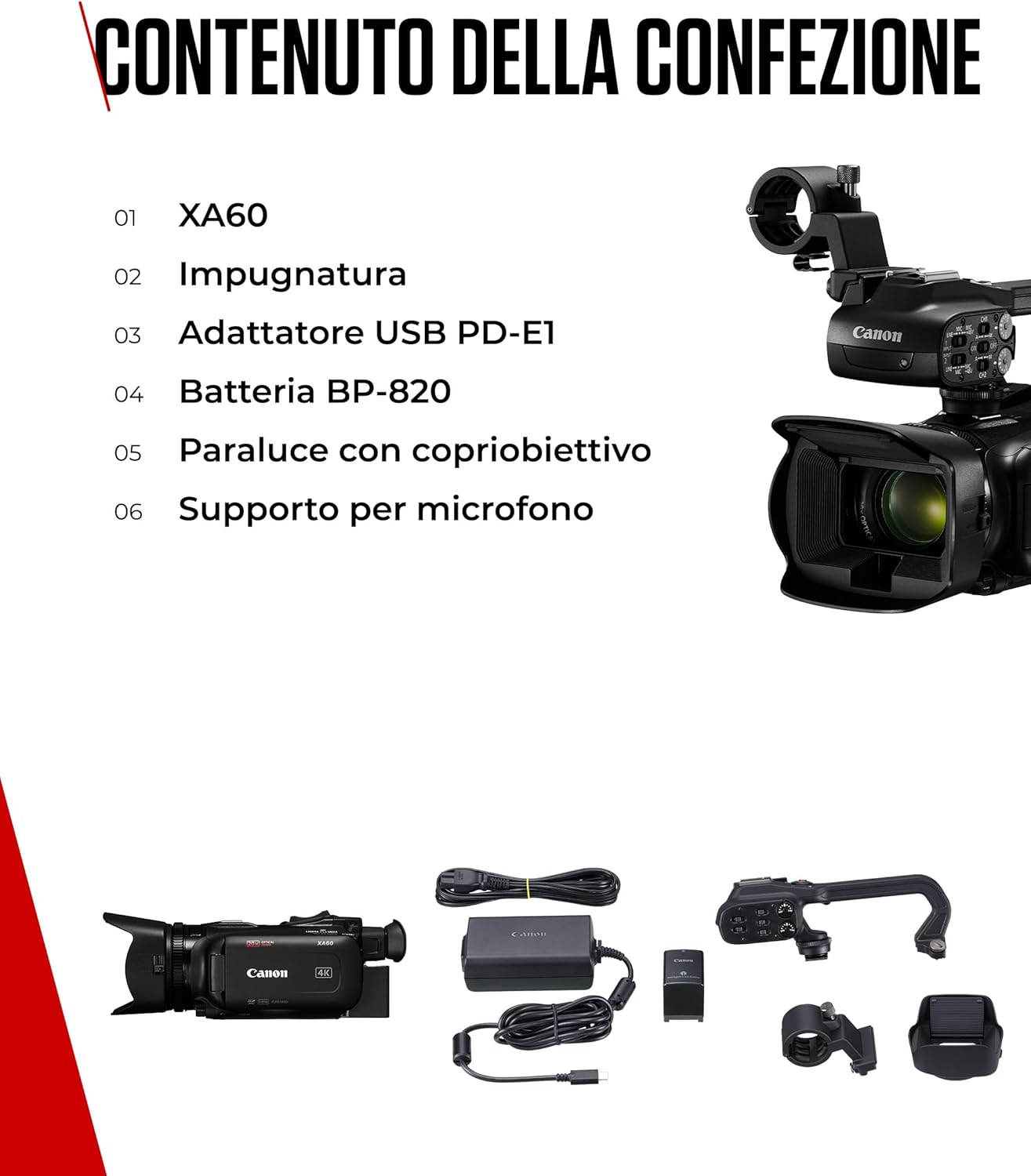 Canon XA60 - Videocamera 4K Professionale con Messa a Fuoco Automatica, Zoom Ottico 20x, Stabilizzazione a 5 Assi, Uscita HDMI e Streaming Live HD via USB-C