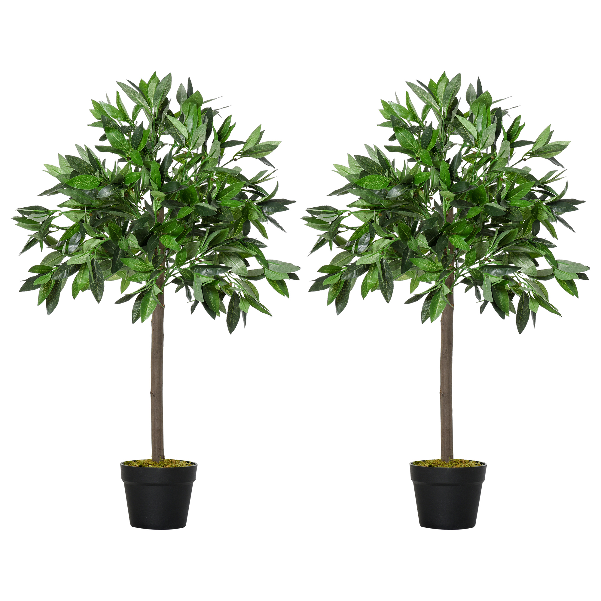Outsunny 2er-Set Künstlicher Lorbeerbaum, 90 cm, Kunstpflanzen im Zementtopf, Kunststoff-Pflanzen für drinnen und draußen, Grün