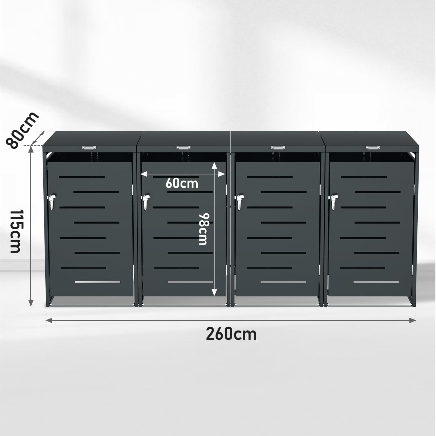 Mülltonnenbox 4er für 120L/240L, Mülltonnenverkleidung aus Pulverbeschichtetem Metall, Abschließbar, Wetterfest, mit Gasdruckdämpfern, Anthrazit