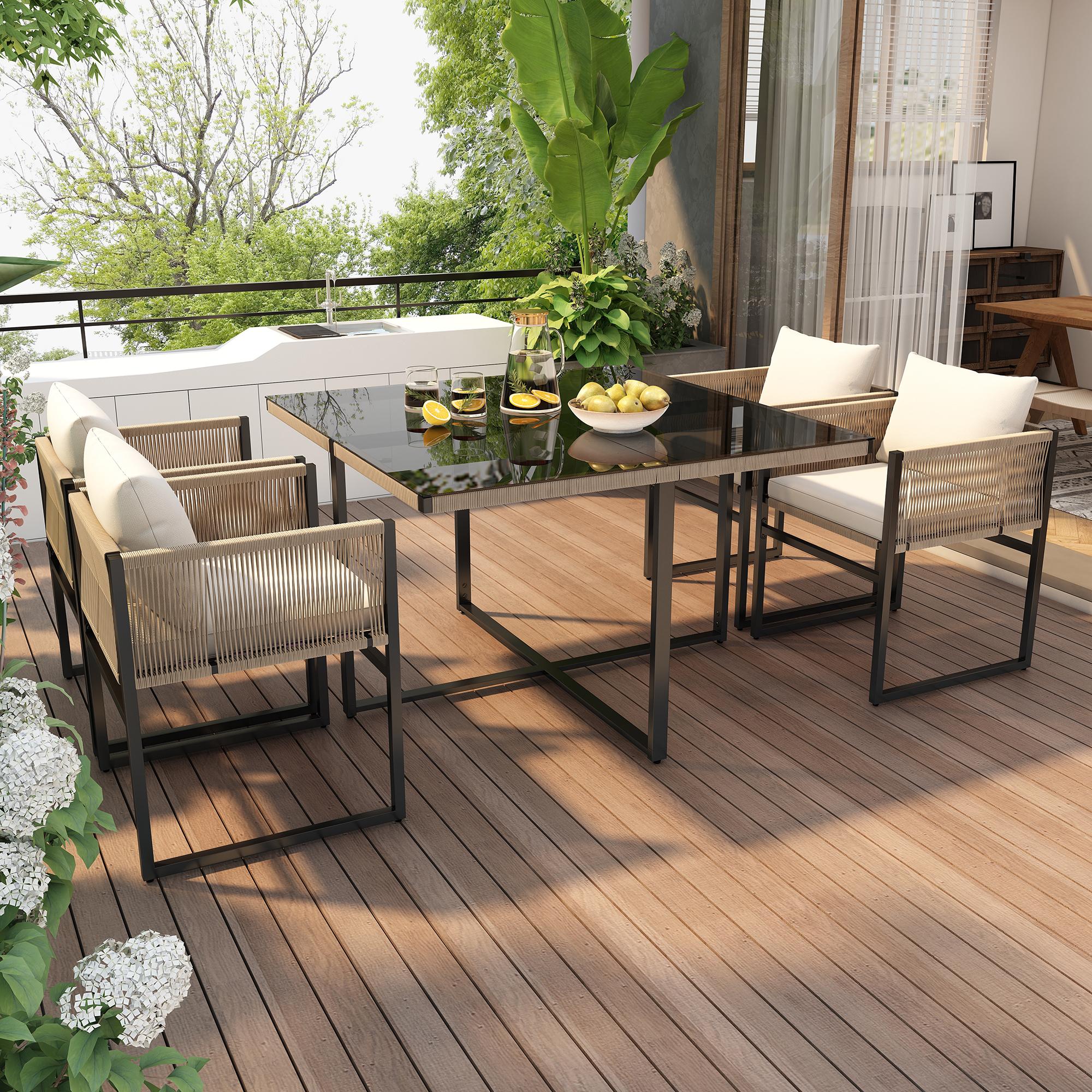 5-teilige Garten-Essgruppe mit Esstisch und 4 stapelbaren Stühlen, Beige