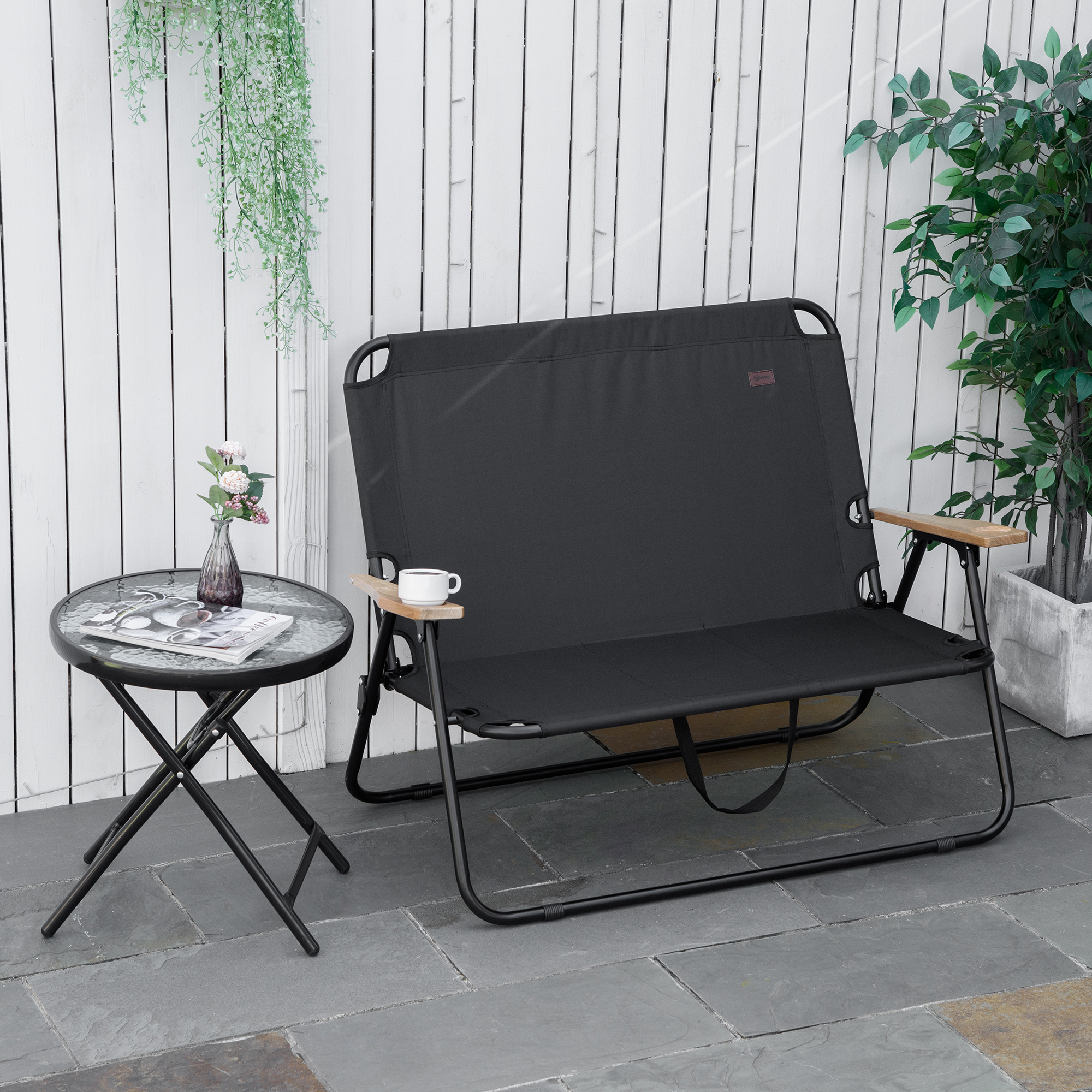 Outsunny 2-Sitzer Campingstuhl, klappbar, mit Getränkehalter, 141 x 67 x 80 cm, Schwarz