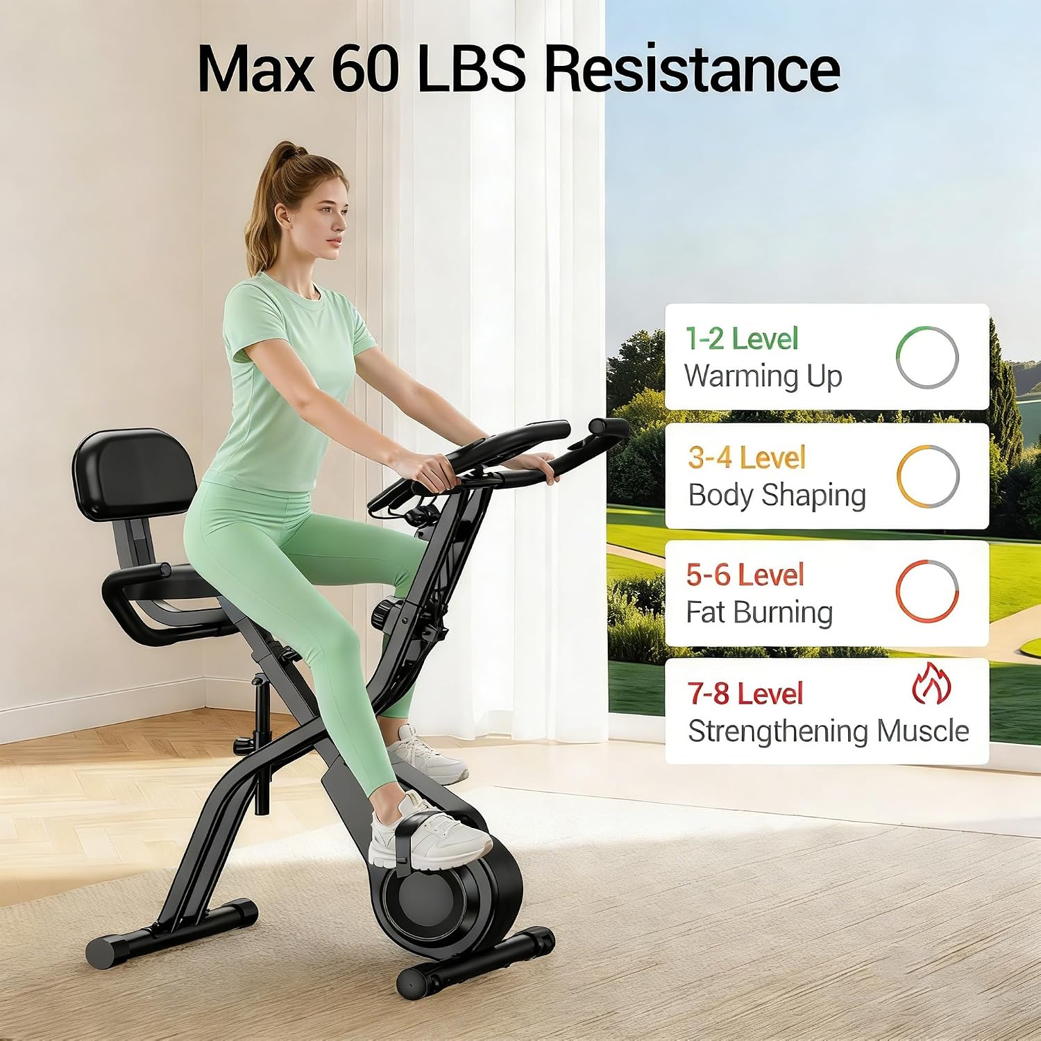 Cyclette per Casa Pieghevole 5 in 1 con Schienale, Cyclette Magnetica con Display LCD e Bande Elastiche, Spin Bike Silenziosa fino 136 kg