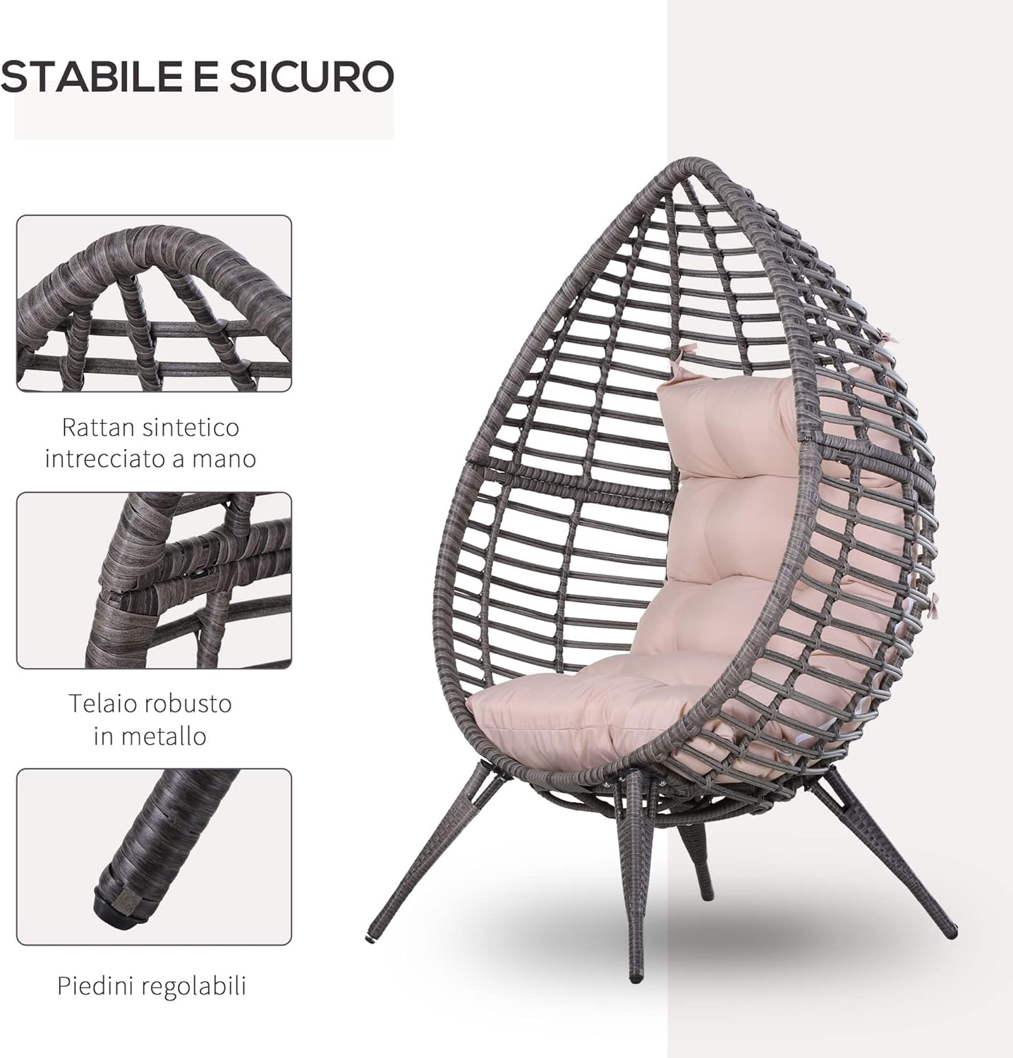 Outsunny Outdoor Rattan Chair with Cushion Grey and Beige Teardrop Shape Boho Chic Style 101 x 89 x 156 cm