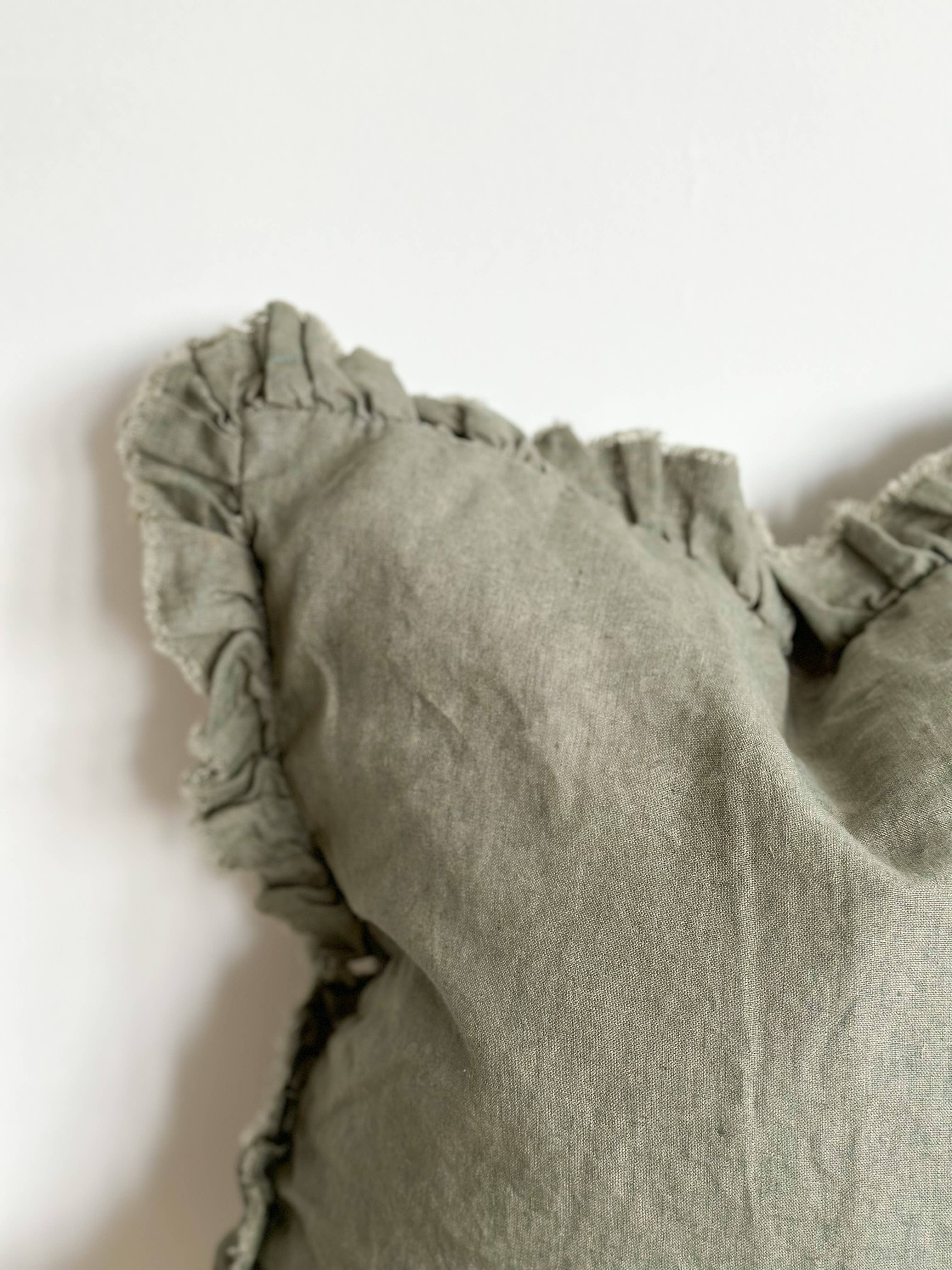 Khaki Ruffled Linen Cushion �C 45 x 45 cm (Feather Pad Included)