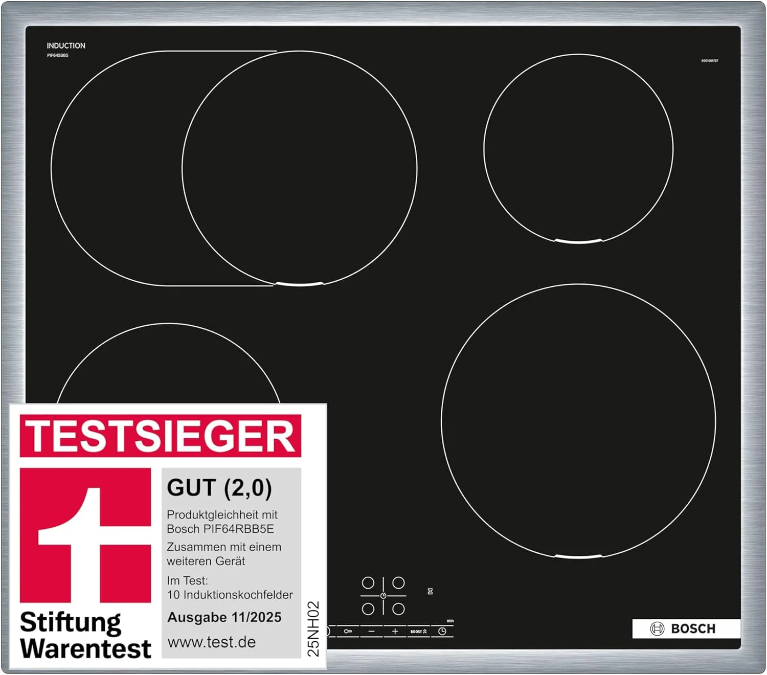 Bosch PIF645BB5E Serie 4 Induktionskochfeld (autark), 60 cm breit, Bräterzone für großes Kochgeschirr, PowerBoost schnelleres Kochen, ReStart