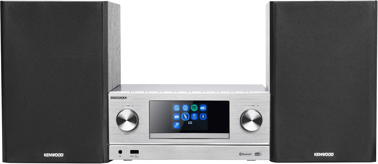 KENWOOD, Sistema Micro HiFi Stereo M-9000S, con Ricevitore Radio da Internet, DAB+ o FM, Lettore CD e Presa USB, Connessione a Spotify e Bluetooth, con Funzione Radiosveglia, Silver