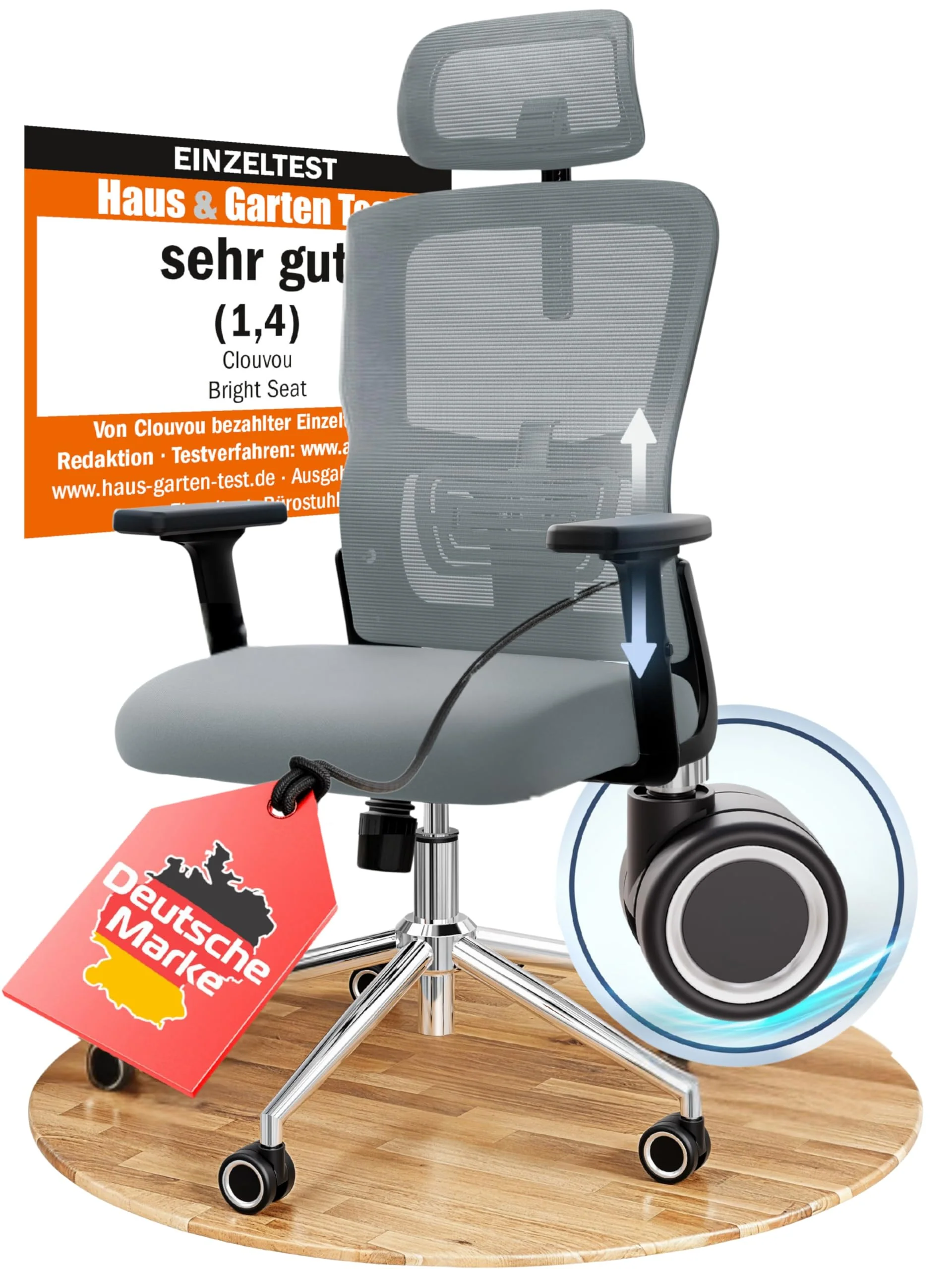 CLOUVOU Ergonomischer Bürostuhl mit verstellbaren Armlehnen und Kopfstütze