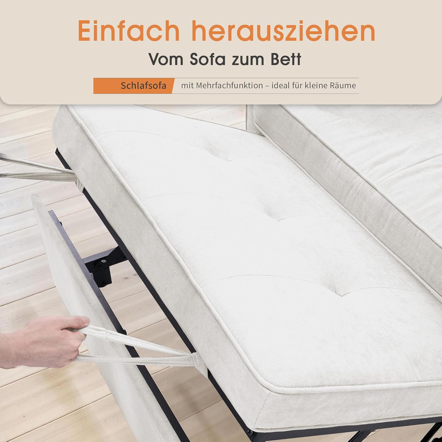Schlafsofa 186 x 122 cm mit 5-stufig Verstellbarer Rückenlehne, 3-in-1 Schlafcouch mit Kissen und Seitentasche, cremeweißes Leinen-Sofa für Gästezimmer  und  kleine Räume