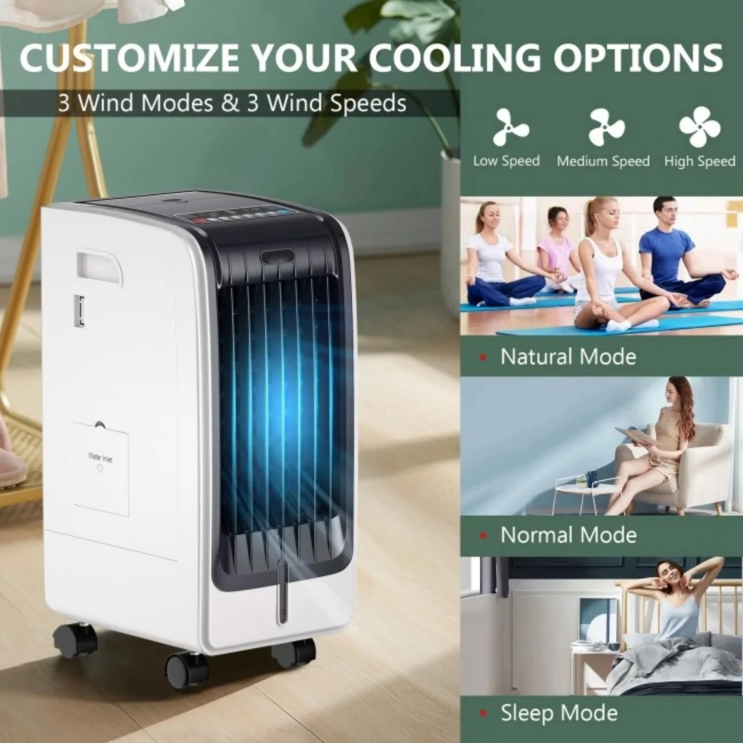 Portable Air Cooler Fan, 3-Speed, 8H Timer, 6L Tank, Remote Control, White