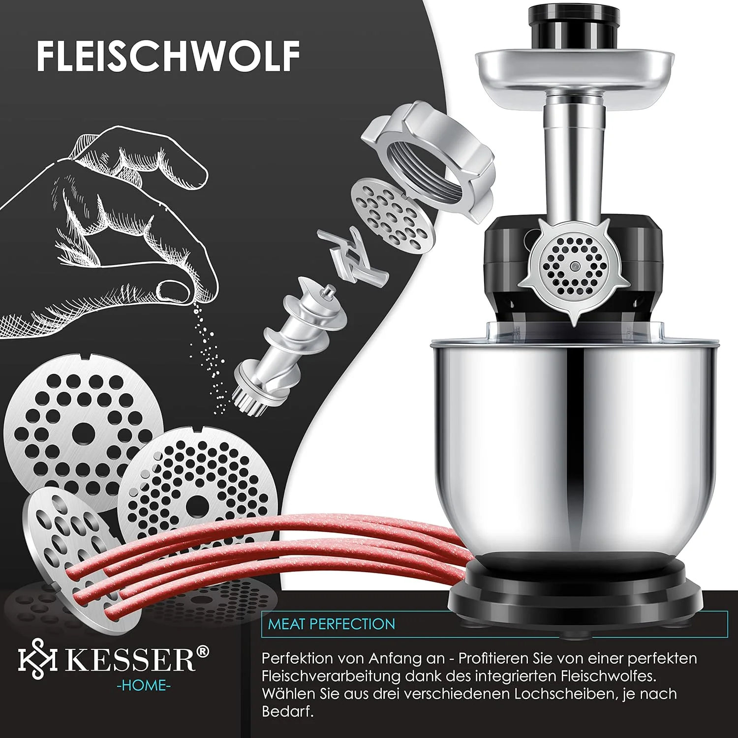 KESSER® 3 in 1 Universal Küchenmaschine K-KM 3000 mit Fleischwolf Knetmaschine Multifunktionale Rührmaschine 5,5L Schüssel mit 3 Rührwerkzeuge, 1,5L Entsafter, Zubehör-Set, Pasta & Gebäckformen