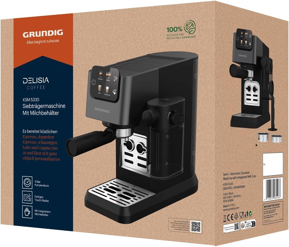 GRUNDIG KSM 5330 Espressomachine met ge?ntegreerd melkreservoir, 1628 W vermogen, 15 bar pompdruk, dubbele tuit, kleuren-touchscreen, BrewSense, CreamyPro, donker inox/zwart