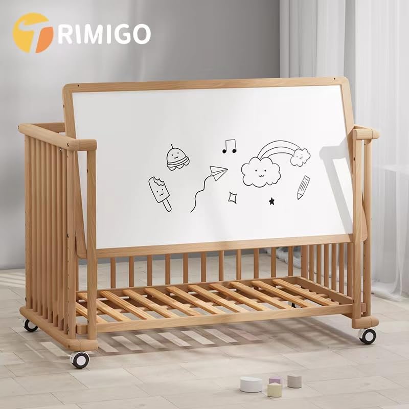 Trimigo 6-in-1 Babybett 118x70 cm mit Matratze und unbehandelt Buchenholz, wandelbar zu Sofa, Schreibtisch, höhenverstellbares, mit Rollen und Bremsen, mit Stauraum
