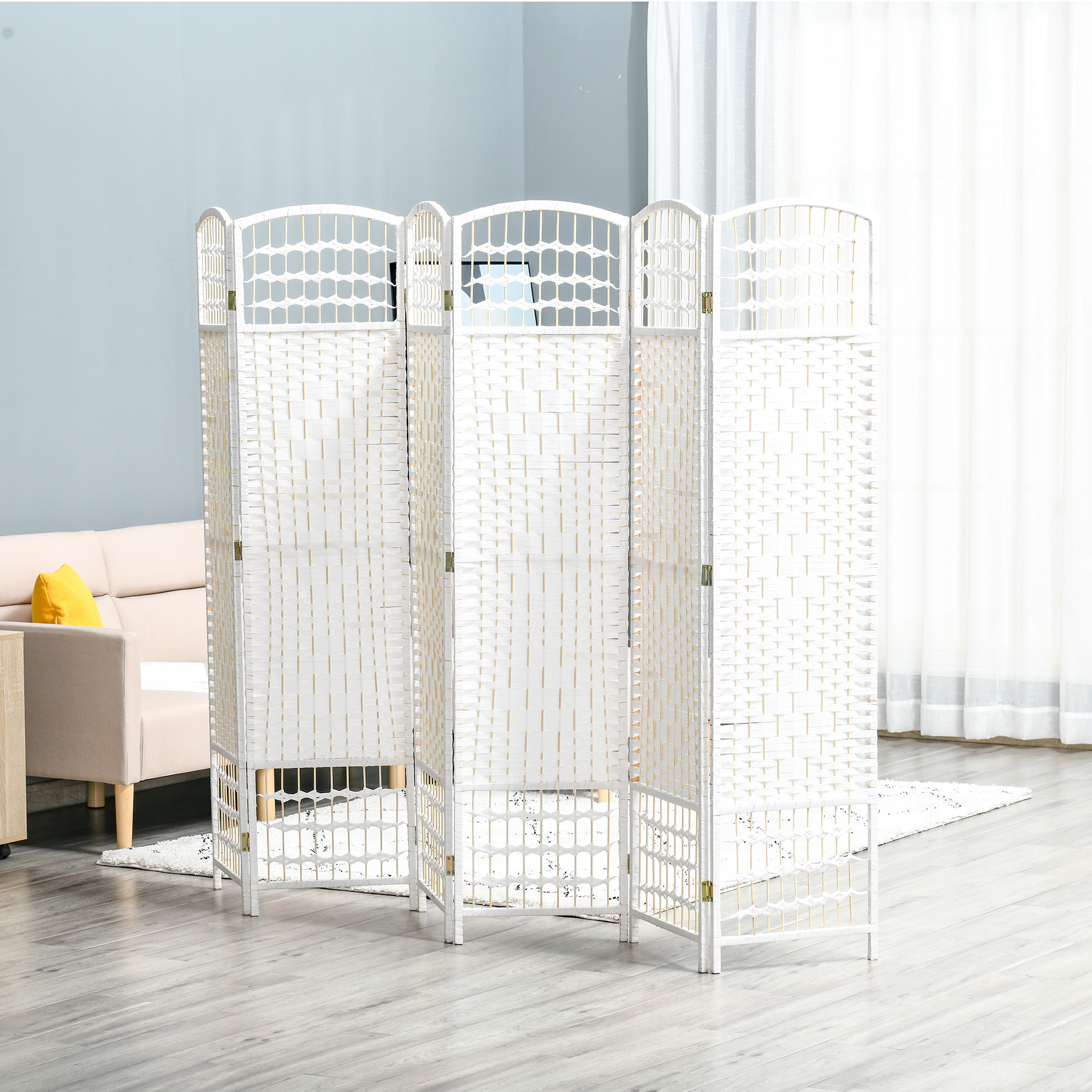 HOMCOM Innenraum-Paravent mit 6 faltbaren Paneelen 242L x 170H cm Raumteiler aus Pappelholz Bambus Geflochtene Papierfasern Weiß Weizen