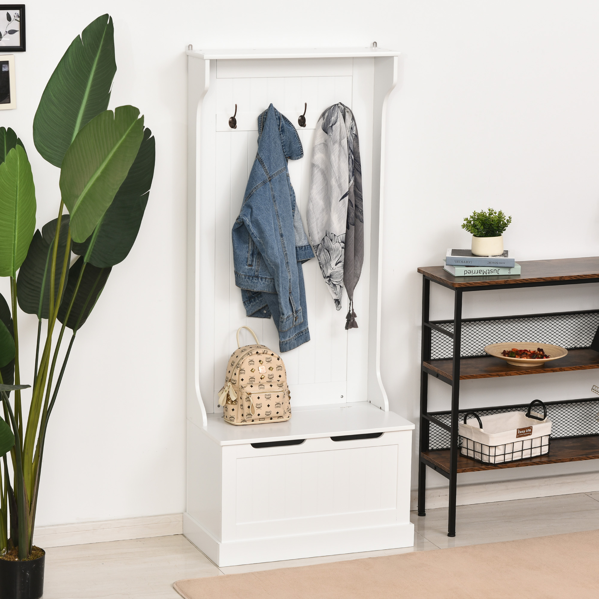 HOMCOM Bodengarderobenständer Modern 3 in 1 mit 4 Haken, Aufbewahrungsbank und Garderobenständer, Platzsparendes Möbel für Flur, Korridor, Schlafzimmer aus Holz, 71,5x39,5x170 cm, Weiß