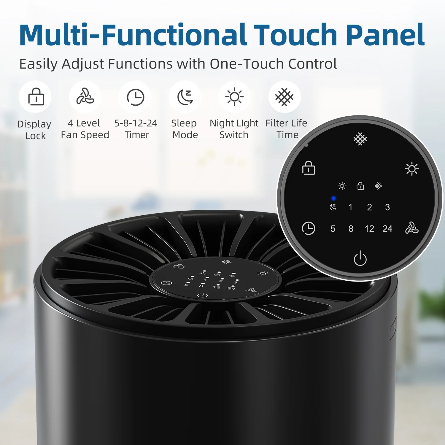 Purificatore d’Aria BREEZOME con Filtrazione a 4 Stadi, copertura fino a 57,6 m², design anti-tocco accidentale, timer, purificatore d’aria True HEPA per ambienti grandi, nero