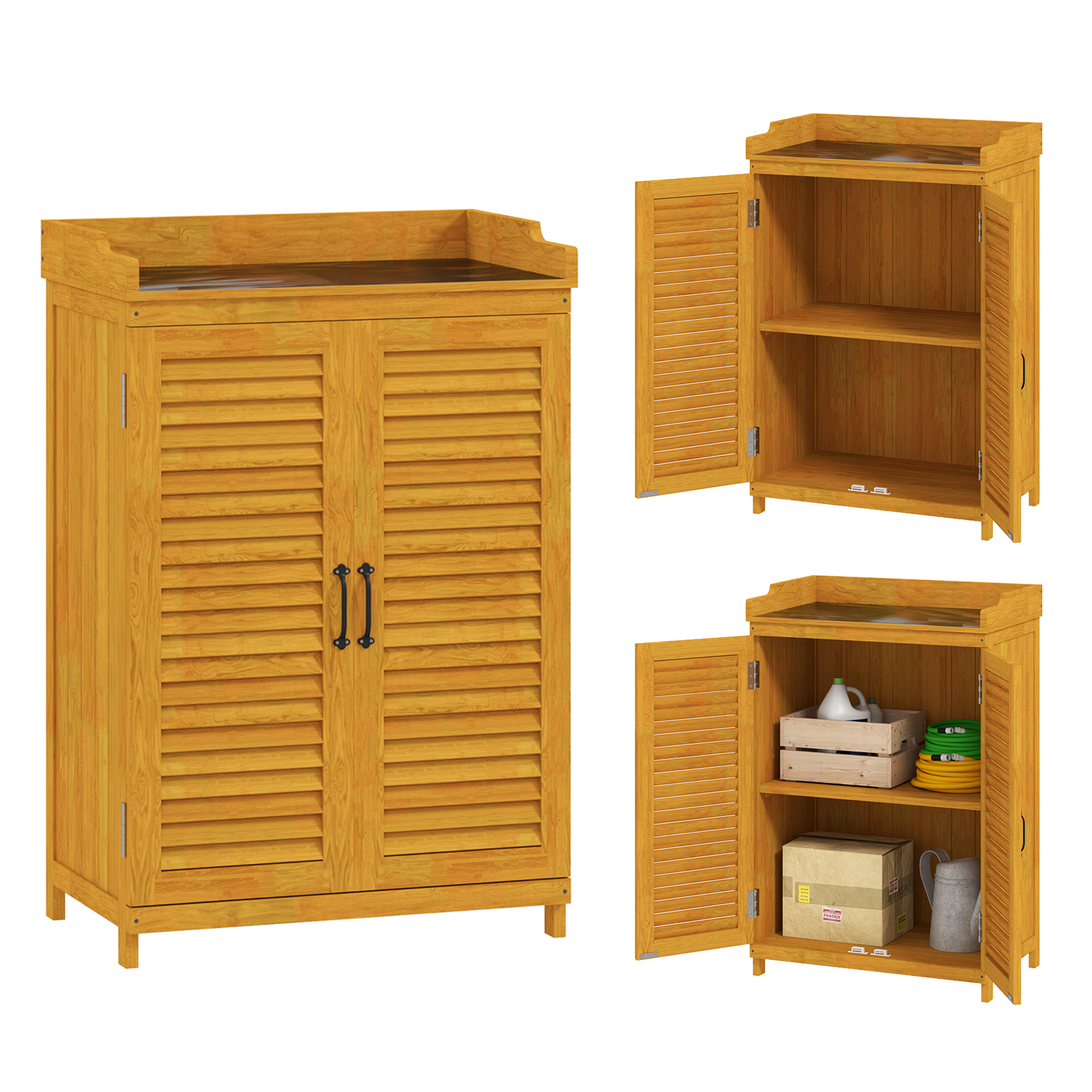Outsunny Tuinkast van Hout met Werkoppervlak, Weerbestendige Gereedschapskast, 65,5x40x98,5cm Geel