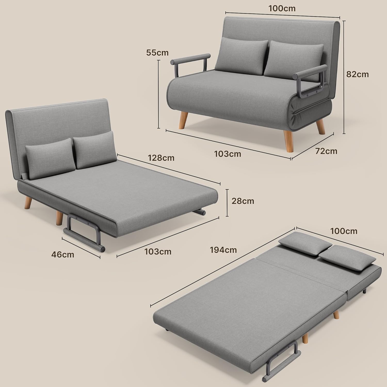 Xbro Divano letto a 2 posti con funzione letto, poltrona letto con schienale regolabile e 2 cuscini, poltrona con sonnolenza per piccolo appartamento (grigio chiaro)