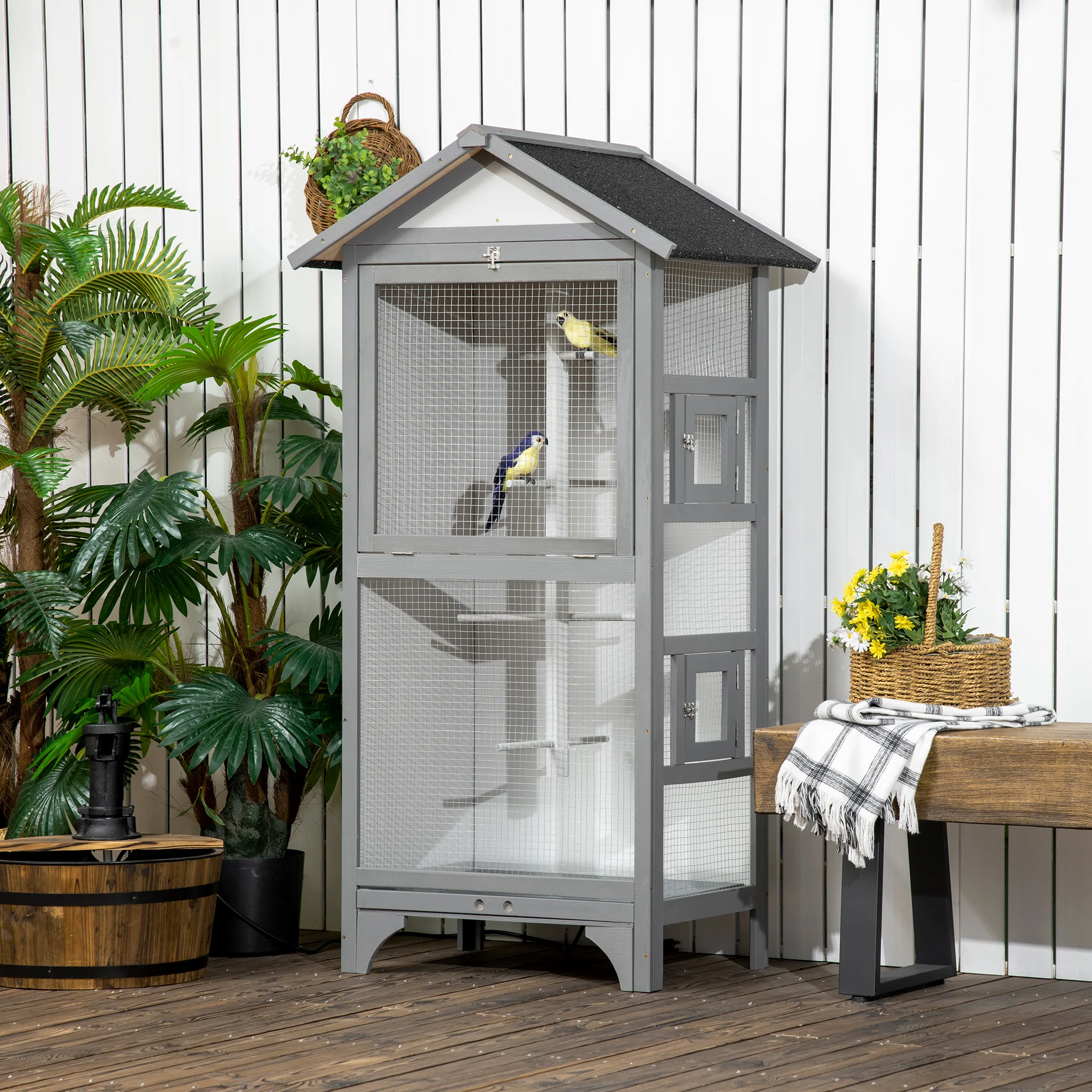Easycomfort Voliera per Uccelli da Esterno in Legno di Abete, 80.5x57x158.5cm, Grigio Chiaro
