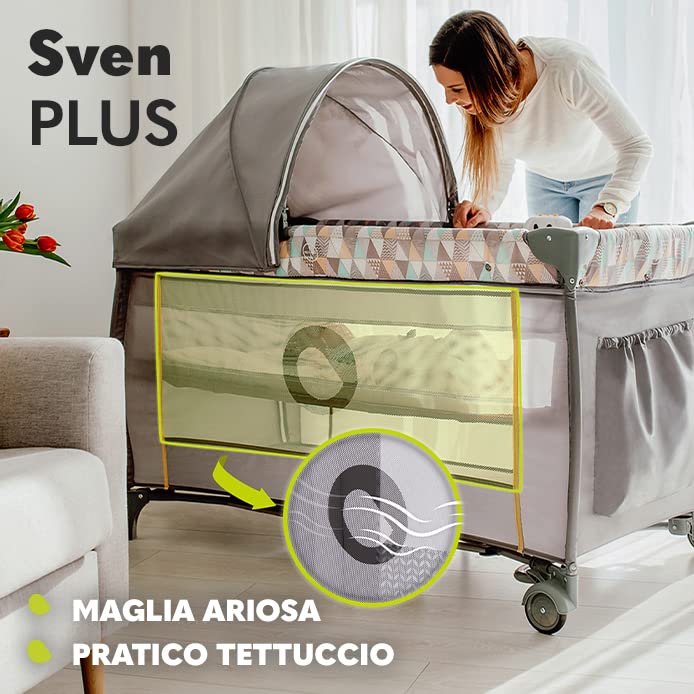 lionelo Sven 2in1 Box bambini dalla nascita fino 15kg Lettino pieghevole con Fasciatoio baldacchino Giocattoli Pendenti Ingresso laterale aggiuntivo Sistema LockGuard : Prima infanzia