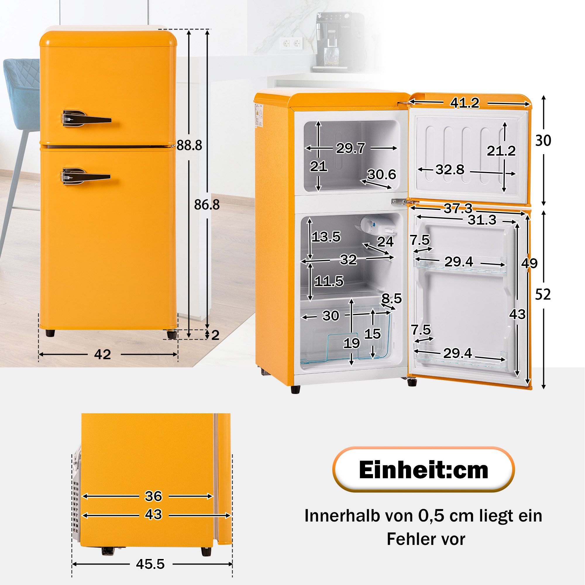Kühlschrank Retro-Kühlschrank mit Gefrierkombination, 60L Gesamtvolumen 22L Gefrierfach, Energieklasse E, 86,8 cm Höhe, 45,5 cm Breite
