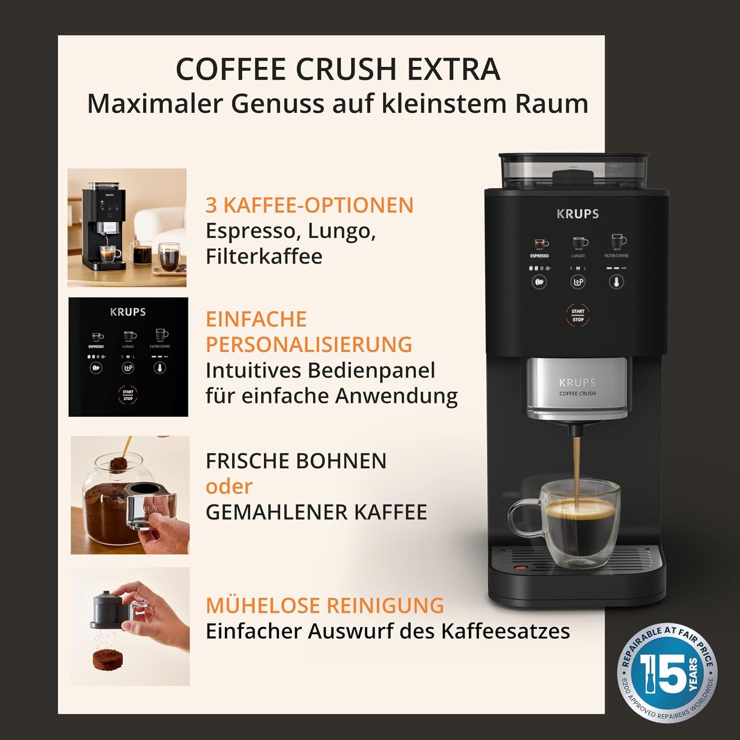 Krups Coffee Crush Extra Kaffeevollautomat, Edelstahlmühle für frisch gemahlenen Kaffee, nur 15 cm breit, smartes Bedienfeld, auch für vorgemahlenen Kaffee, einfache Reinigung, Schwarz, SA4028E0